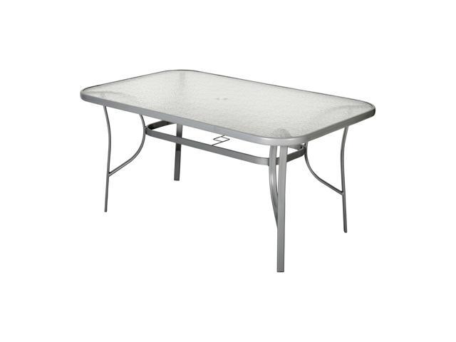 Photo 1 of Flash Furniture Tory Rectangle Patio Table with Umbrella Hole, Commercial All-Weather Table with Heat Resistant Tempered Glass, Steel Tube Frame, 35x 59, Silver