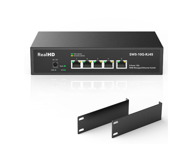 5 Port 10Gb RJ45 Web Managed Ethernet Network Switch, 5 x 10 Gigabit Base-T Port ^^ 10Gbps Multi-Gig Swicth Support 5G-2.5G-1G-100M ^^ 19 Inch Rack Mount ^^ 100G Bandwidth ^^ Metal Casing ^^ Built-in