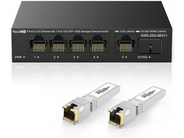 5 Port 2.5Gb Web Managed Ethernet Network Switch, 1 x 10G SFP+ Port | 60G Bandwidth | Metal Internet Multi-Gigabit Switch | 2-Pack 10Gb SF+P to RJ45 Module 98Ft (30m)