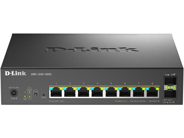 D-Link 10-Port Multi-Gigabit Smart Managed PoE Switch with 2 x 10G SFP+ 8 x 2.5G PoE Ports (DMS-1250-10SPL)