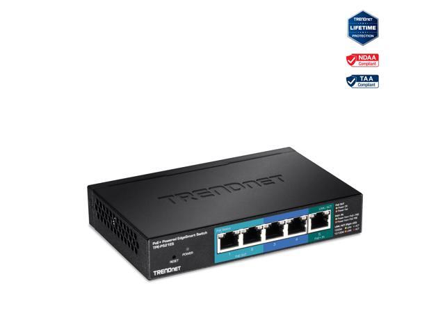 TRENDnet 5-Port Gigabit PoE+ Powered EdgeSmart Switch With PoE Pass Through, 18W PoE Budget, 10Gbps Switching Capacity, Managed Switch, Wall-Mountable, Lifetime Protection, Black, TPE-P521ES