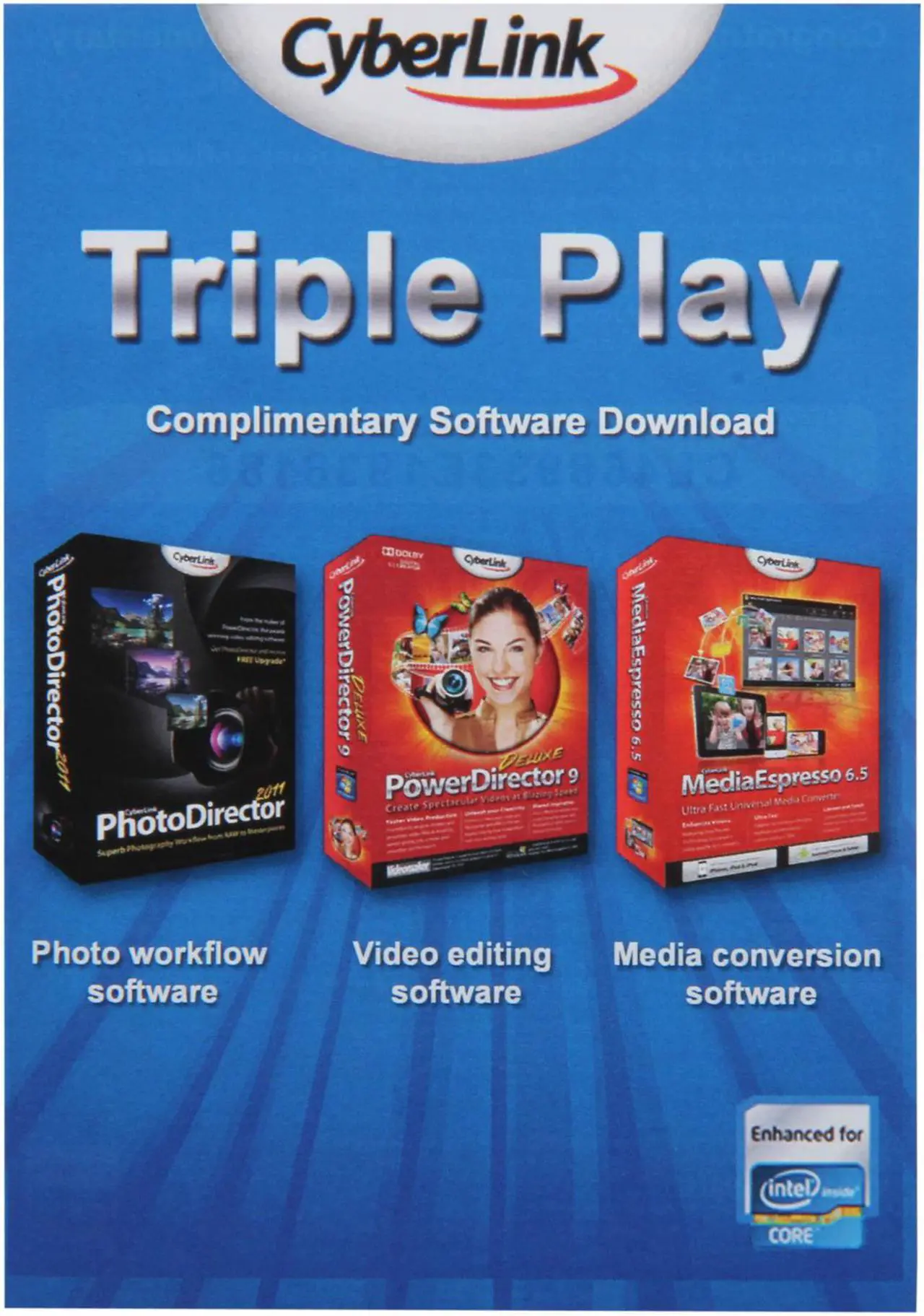 Main image of Cyberlink TRIPLE PLAY - Power Director 9 + MediaEspresso 6.5 + Photo Director 2011