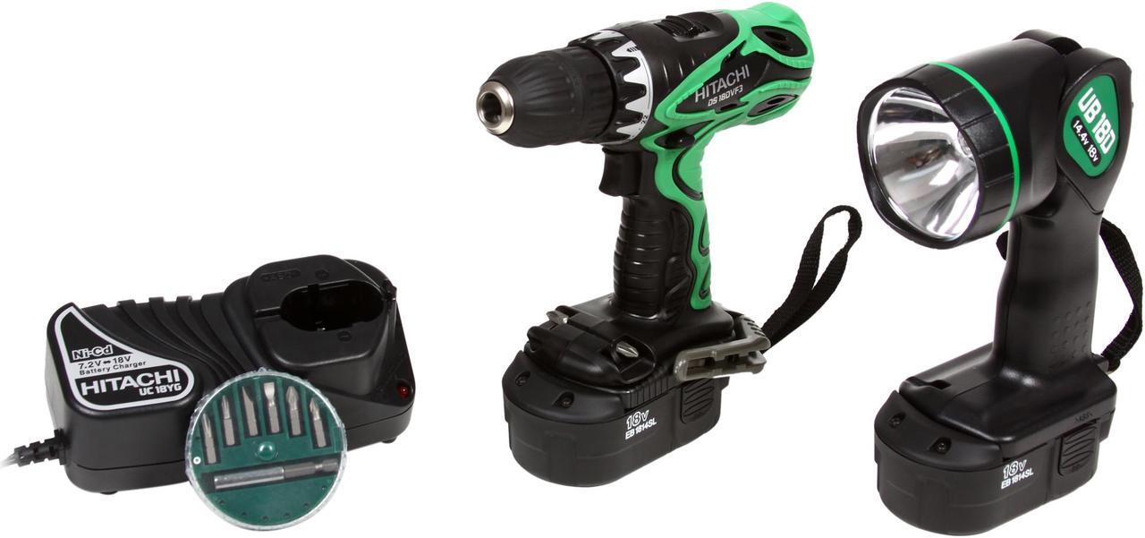 Main image of Hitachi Power Tools DS18DVF3 18 Volt Cordless Driver Drill Kit with Flashlight and Bit Set