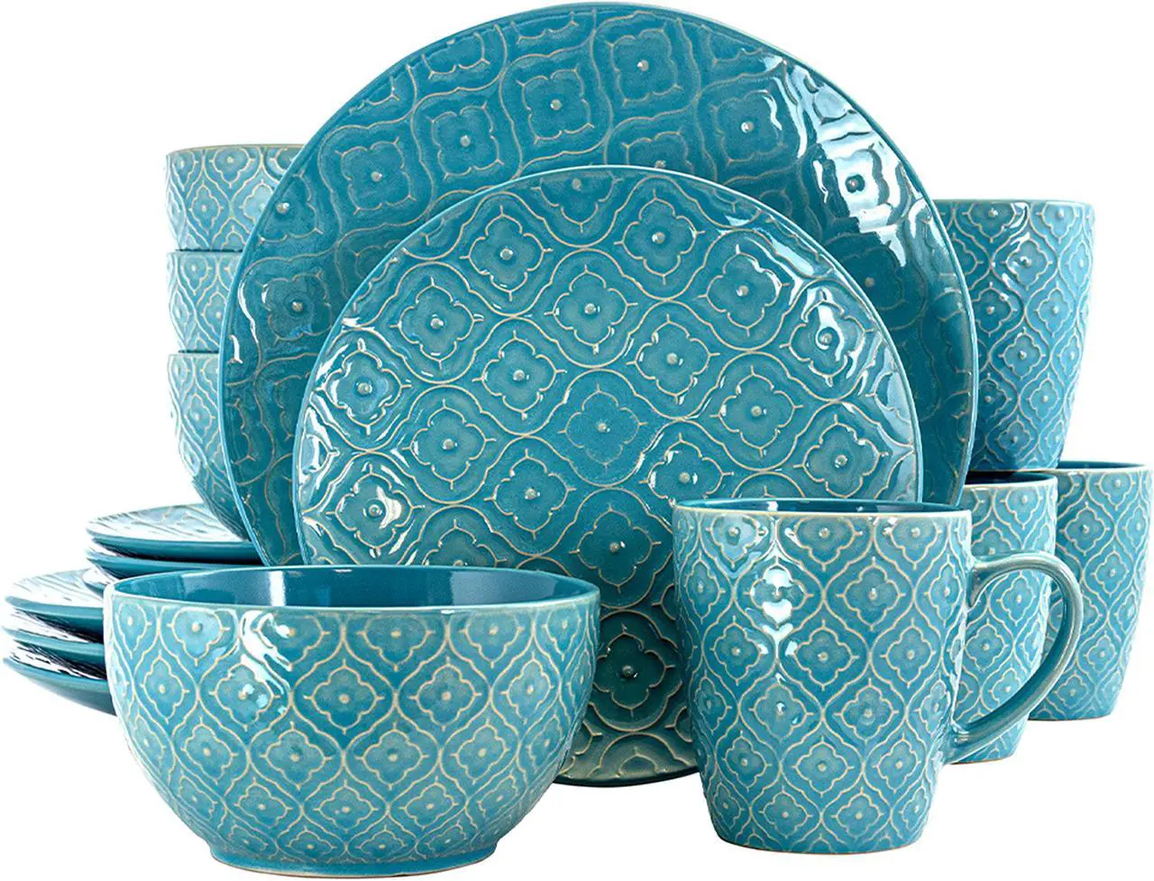 Main image of Elama Aqua Lily 16 Piece Luxurious Stoneware Dinnerware with Complete Setting for 4