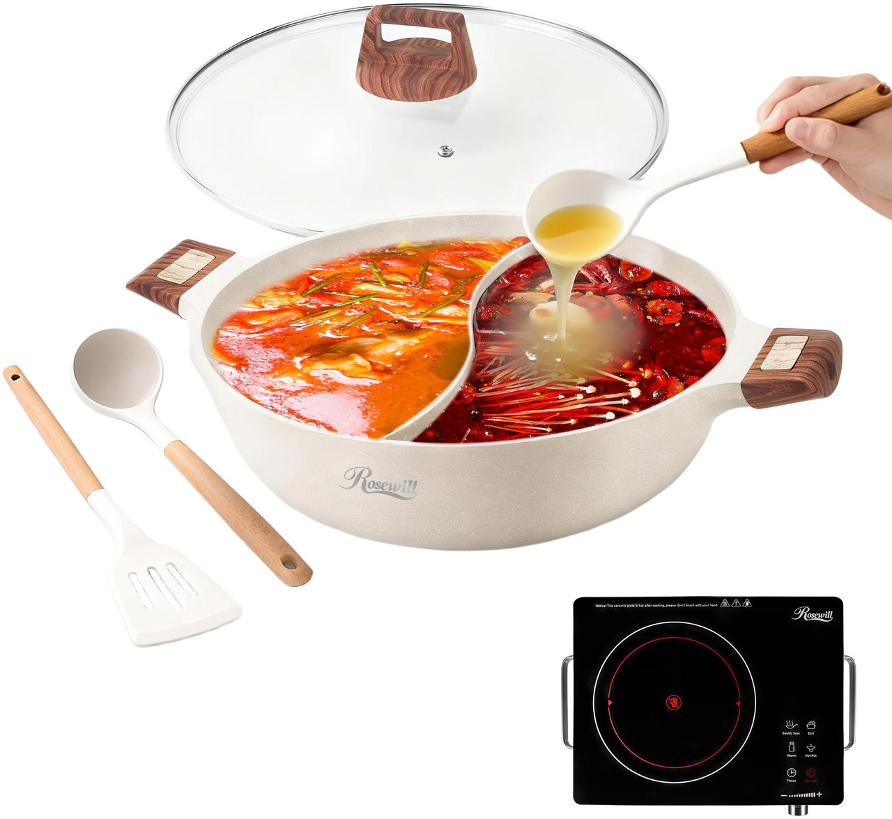 Open Box: Rosewill 4.2QT Double Flavor Non-sticking Hot Pot with Divider, 13 inch Divided Stockpot for Cooking, Hot pot for Induction Cooktop and Gas Stove, Electric Burner, Silicon Soup & Ladle Included - Newegg.com - Open Box condition - Image 10