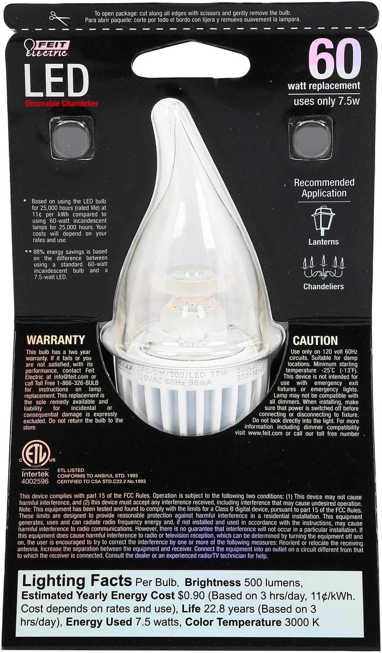 Alt view image 2 of 2 - Feit Electric CFC/DM/500/LED 60 W Equivalent LED Dimmable Candelabra Base Decorative Bulb