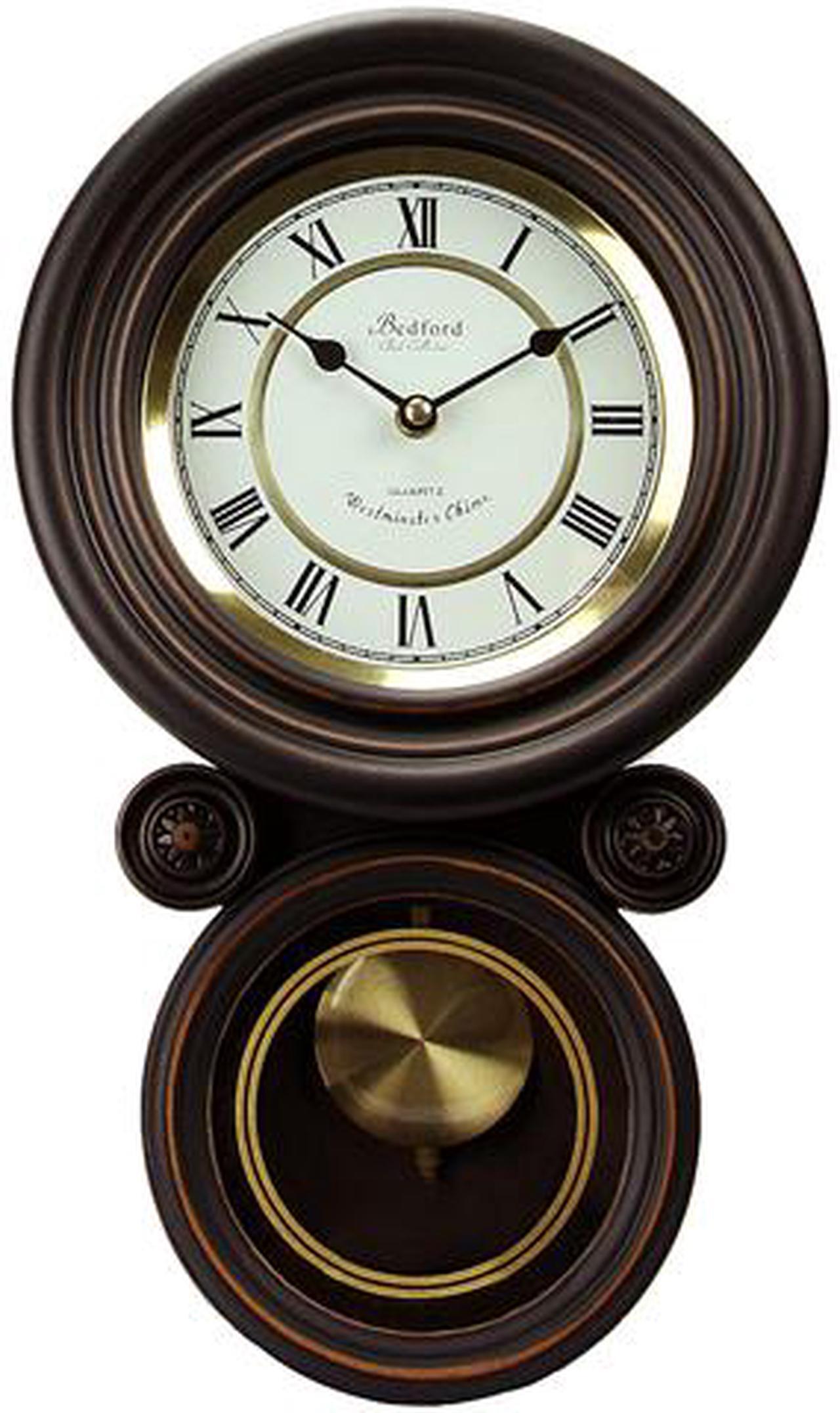 Main image of Bedford Clock Collection Black Round Head Style Wall Clock with Pendulum