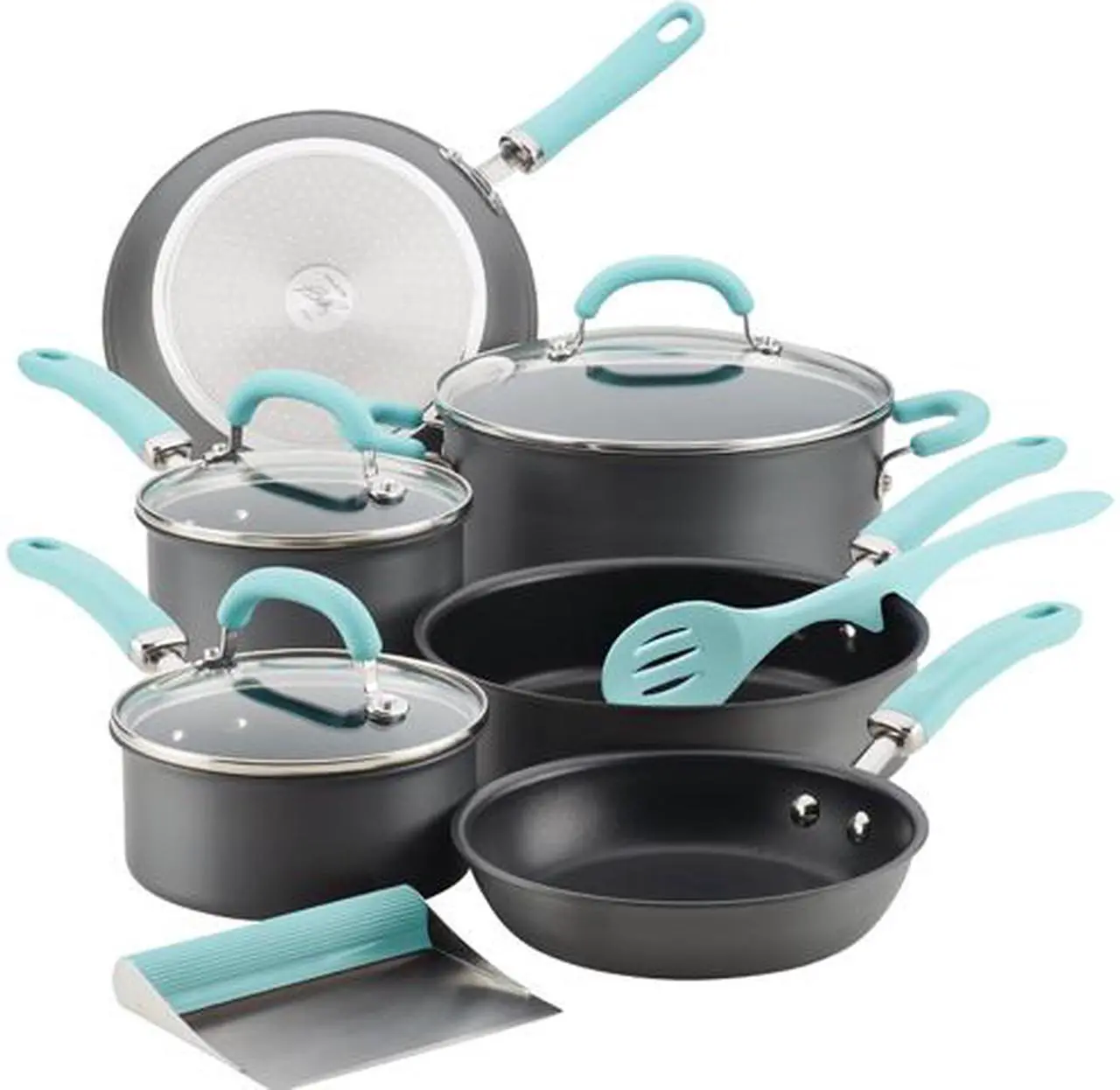 Rachael Ray Create Delicious Hard-Anodized Aluminum Nonstick Cookware Set, 11-Piece, Light Blue Handles