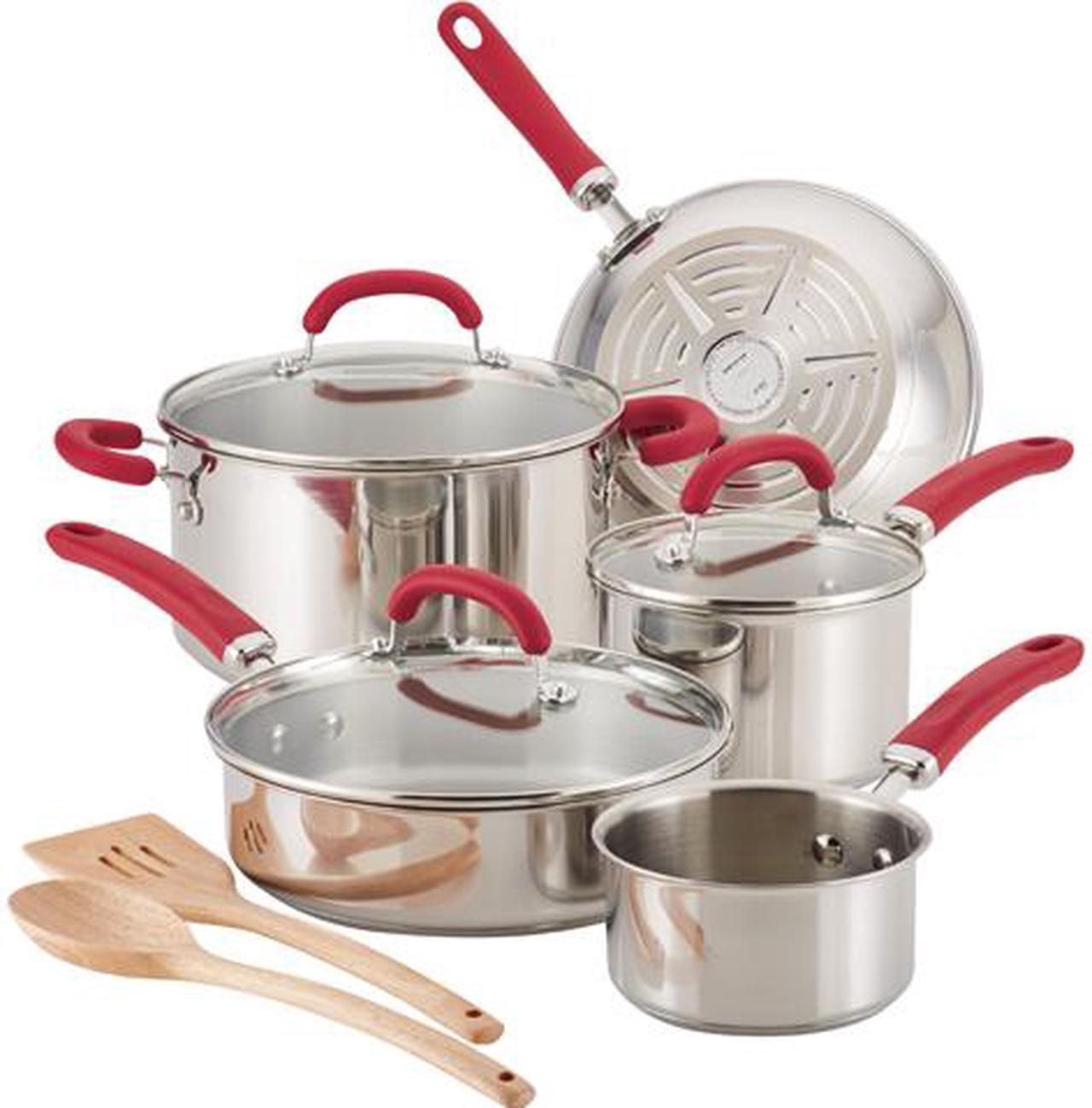 Rachael Ray Create Delicious Stainless Steel Cookware Set, 10-Piece, Red Handles