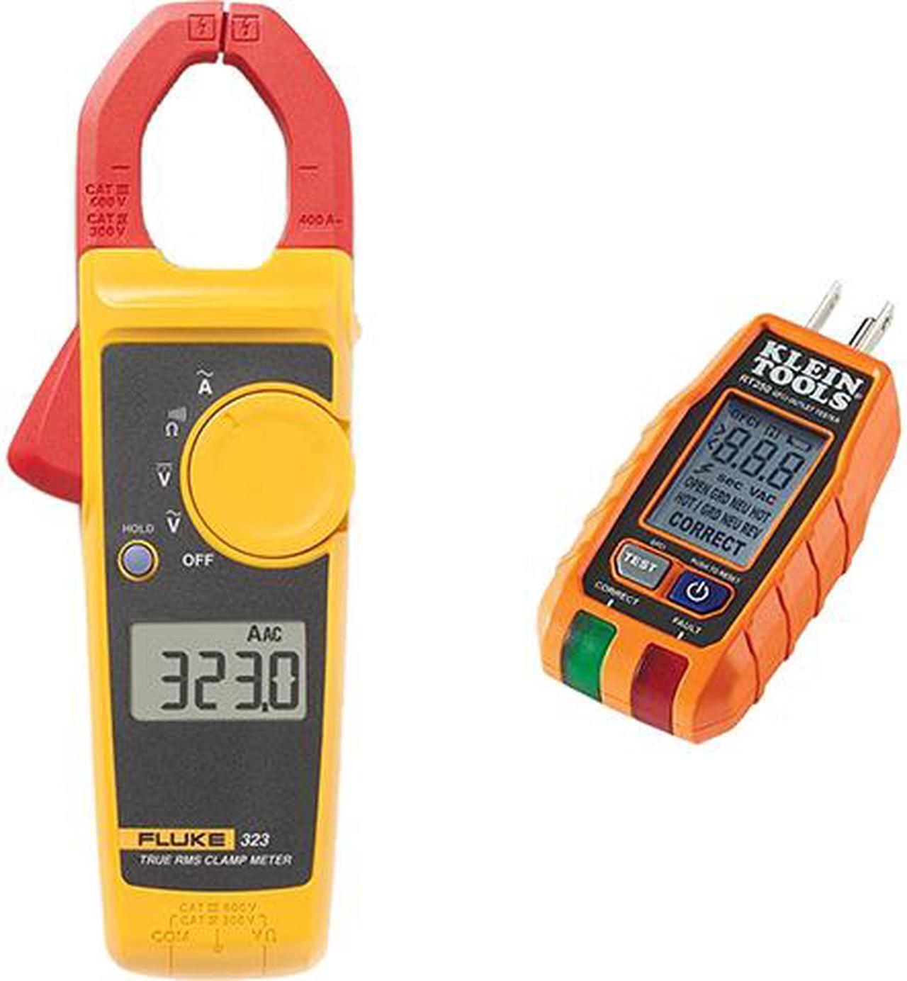 Main image of Fluke 323 True-RMS Clamp Meter & Klein Tools RT250 GFCI Receptacle Tester with LCD Display, for Standard 3-Wire 120V Electrical Outlets
