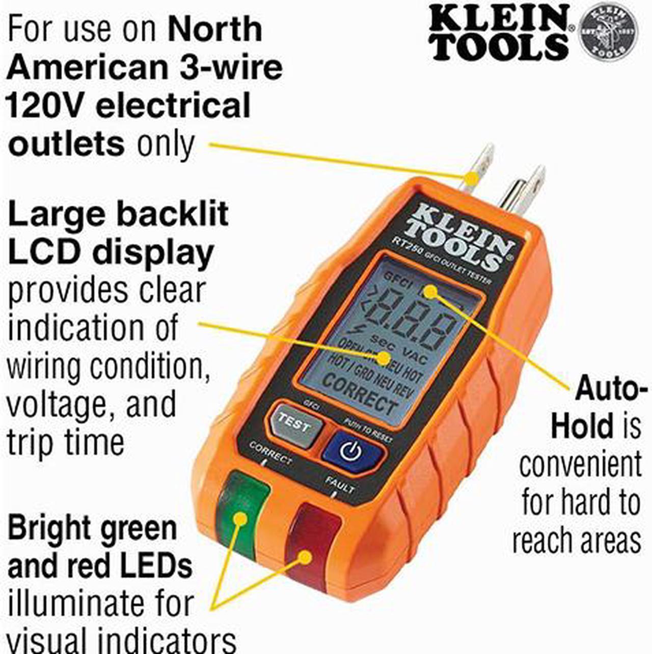 Alt view image 6 of 7 - Fluke 323 True-RMS Clamp Meter & Klein Tools RT250 GFCI Receptacle Tester with LCD Display, for Standard 3-Wire 120V Electrical Outlets