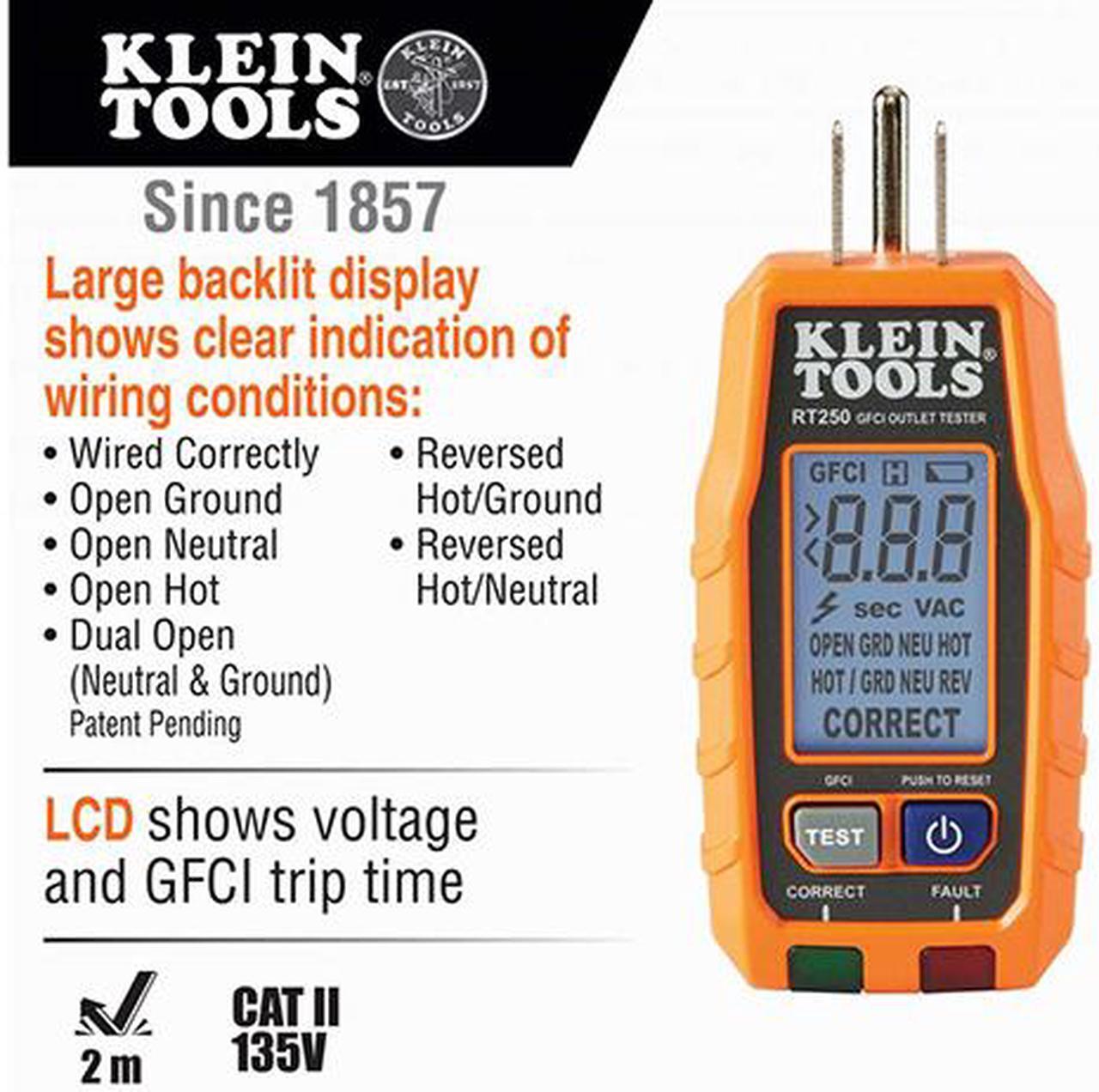 Alt view image 7 of 7 - Fluke 323 True-RMS Clamp Meter & Klein Tools RT250 GFCI Receptacle Tester with LCD Display, for Standard 3-Wire 120V Electrical Outlets