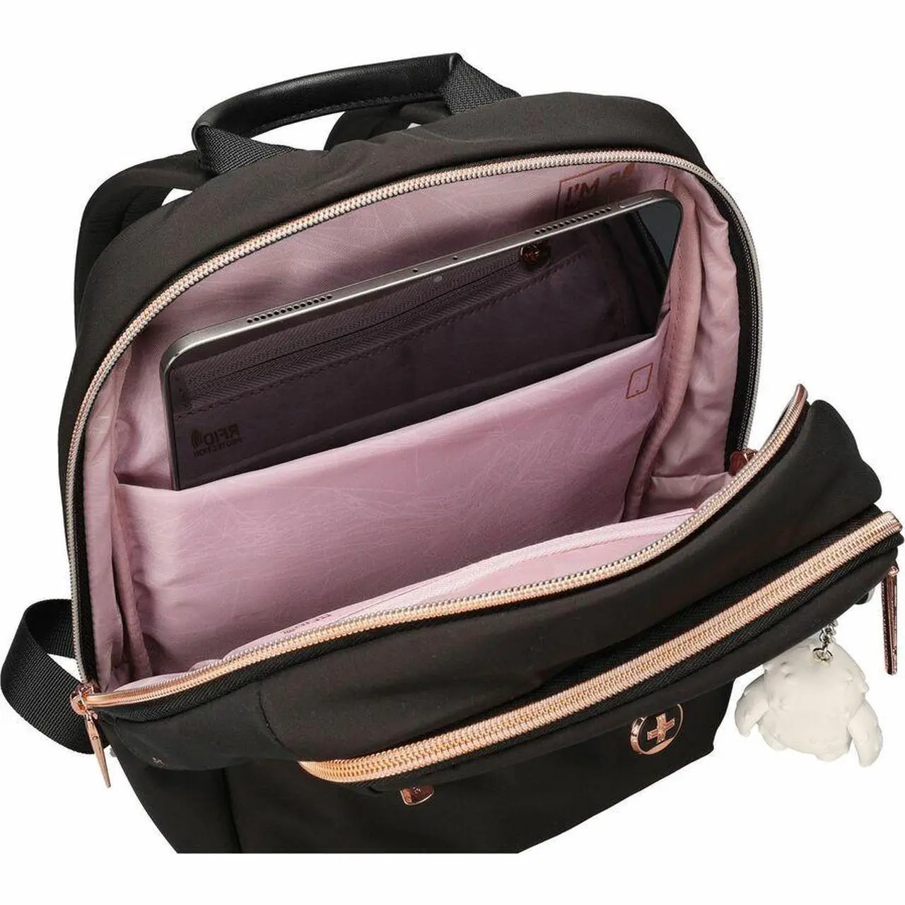 Alt view image 7 of 7 - Swissdigital KATY ROSE NG Black M Backpack - Stylish, Eco-Friendly Bag with Patented USB Charging Port - RFID Protection Pocket - Padded Tablet Compartment (Fits up to 9.75" Tablet) SD1646-01