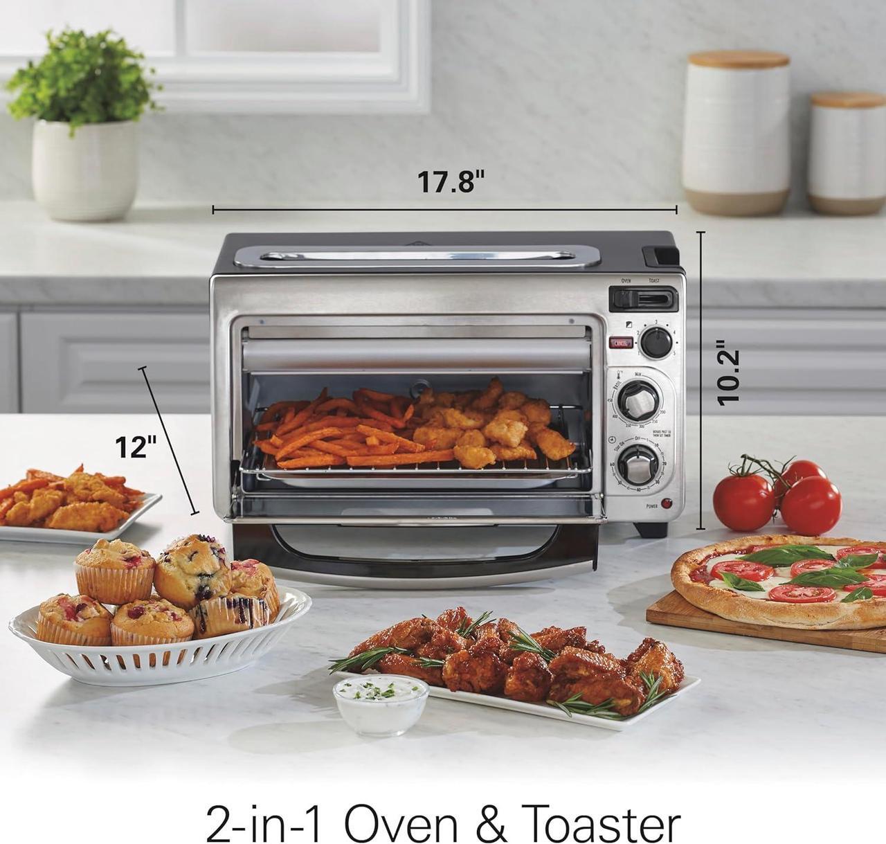 Alt view image 7 of 7 - Hamilton Beach 2-in-1 Countertop Toaster Oven and Long Slot 2 Slice Toaster, 60 Minute Timer and Automatic Shut Off, Shade Selector, Stainless Steel (31156)