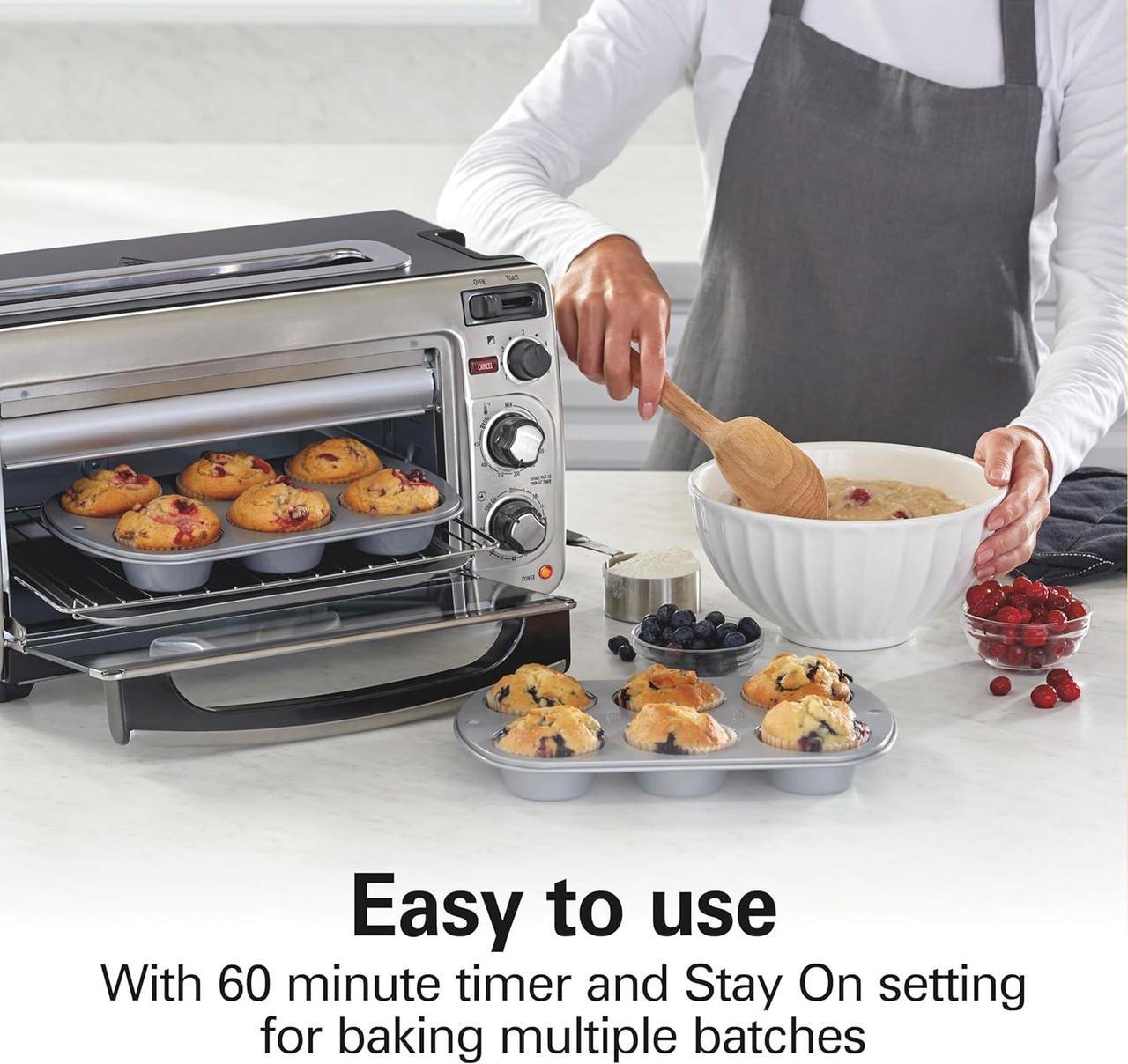 Alt view image 4 of 7 - Hamilton Beach 2-in-1 Countertop Toaster Oven and Long Slot 2 Slice Toaster, 60 Minute Timer and Automatic Shut Off, Shade Selector, Stainless Steel (31156)