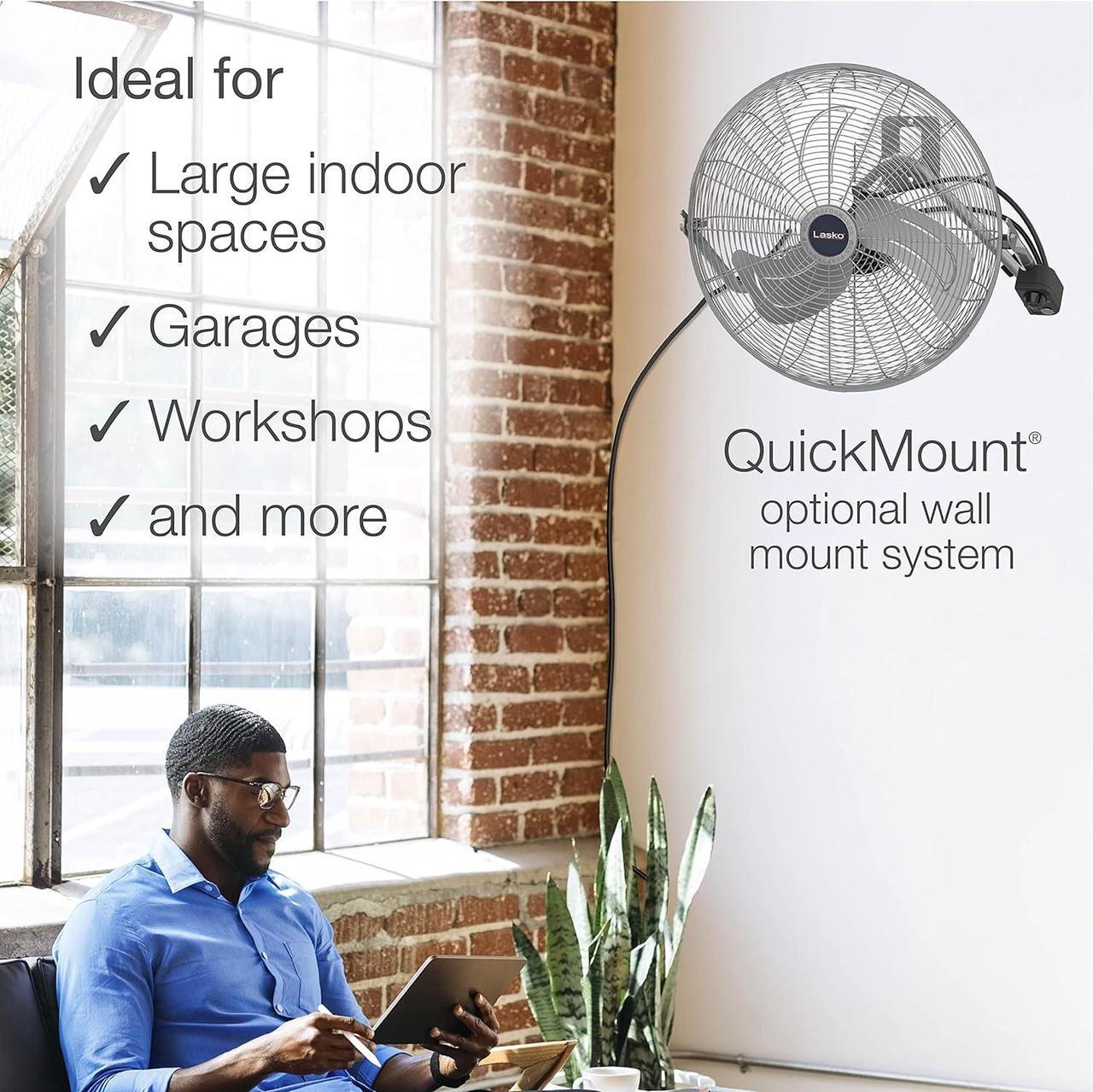 Alt view image 4 of 10 - Lasko 20" Silver High Velocity Wall Mount Fan with Pivoting Head - 3 Speeds, Ideal Wall Mount Fan or Floor Fan for Home, Garage, Attic, 2265QM