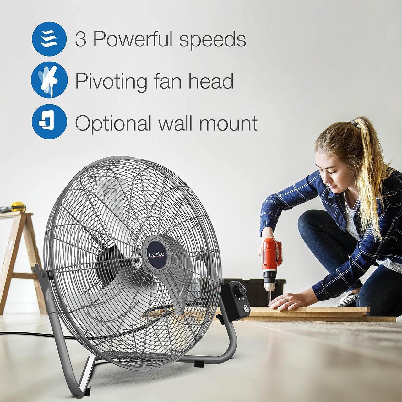 Alt view image 5 of 10 - Lasko 20" Silver High Velocity Wall Mount Fan with Pivoting Head - 3 Speeds, Ideal Wall Mount Fan or Floor Fan for Home, Garage, Attic, 2265QM