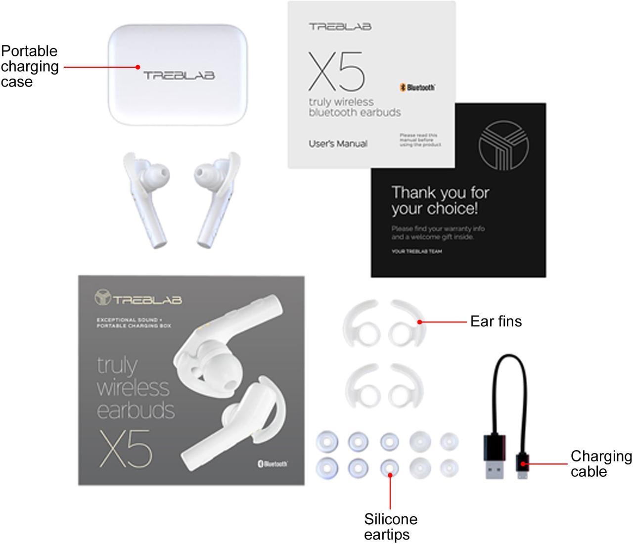 Alt view image 5 of 5 - TREBLAB X5 - High-End Bluetooth Earbuds w/Beryllium Speakers - True HD Sound, Deep Bass, Best Sports Running Truly Wireless Headphones, Noise Cancelling Mic Microphone, Waterproof IPX4 (White)