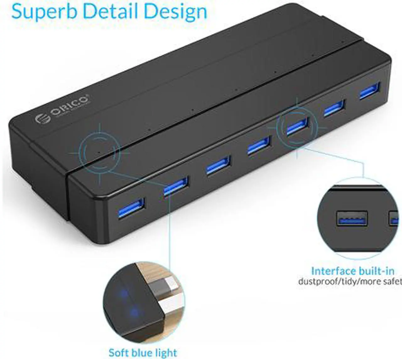 Alt view image 3 of 7 - Powered 7-Port USB 3.0 Hub, ORICO USB Data Hub with 12V Power Adapter, Multi USB 3.0 Splitter with 3.3 Ft Long USB Cable for PC, Laptop, Keyboard, Mouse, HDDs and More-Black