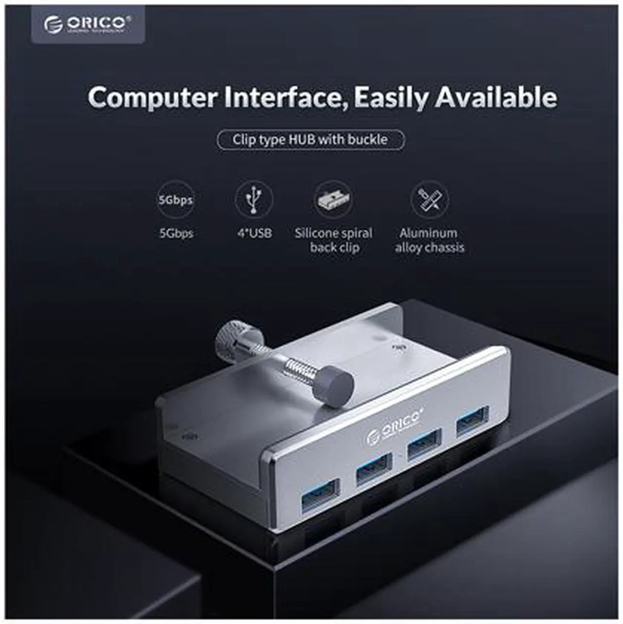 Alt view image 3 of 7 - ORICO Aluminum 4 Ports USB 3.0 HUB, USB splitter For Desktop Laptop Clip Range 10-32mm With 4.95ft Date Cable Ultra-Portable USB Expander for MacBook Air/Laptop/PC - Silver