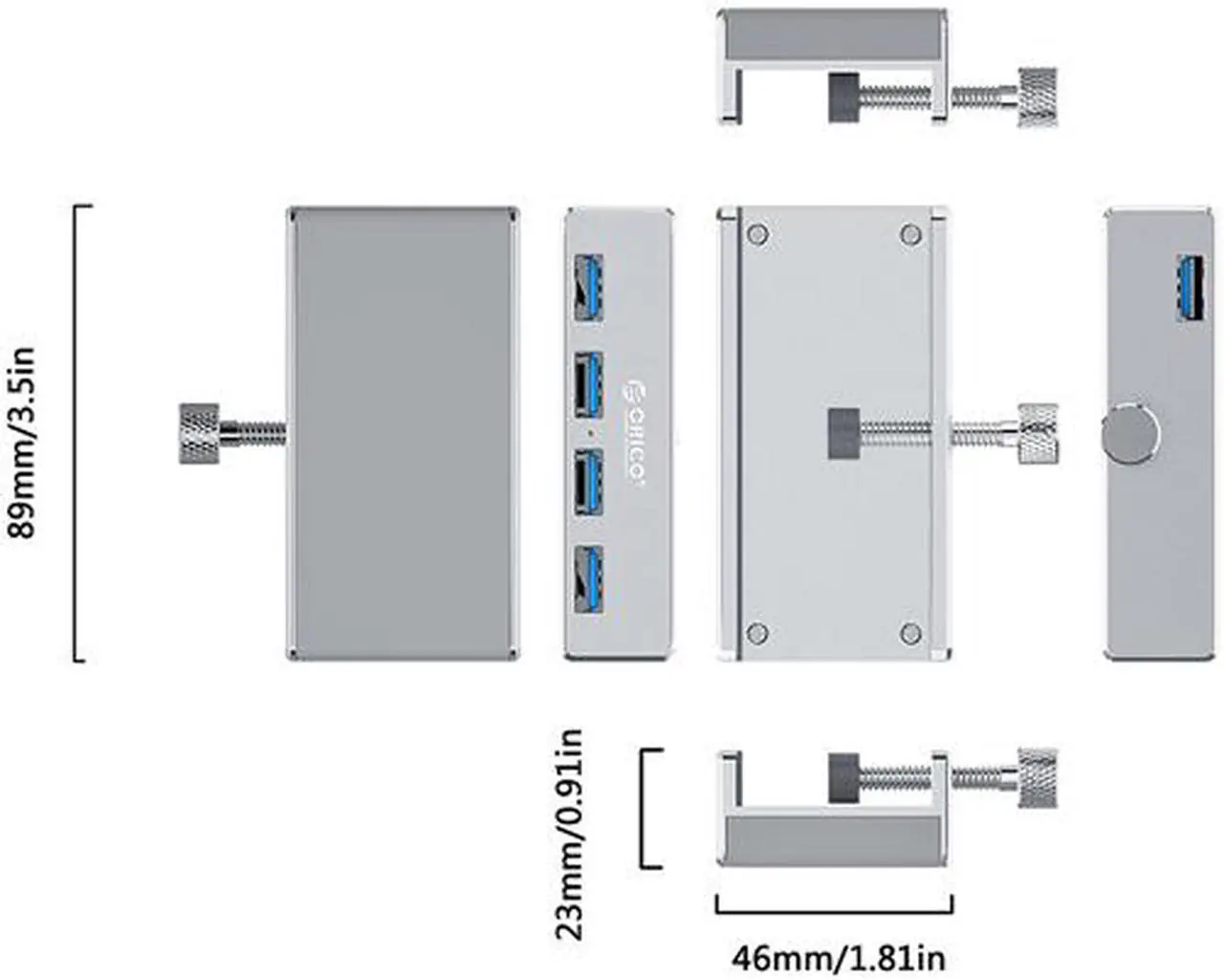 Alt view image 2 of 7 - ORICO Aluminum 4 Ports USB 3.0 HUB, USB splitter For Desktop Laptop Clip Range 10-32mm With 4.95ft Date Cable Ultra-Portable USB Expander for MacBook Air/Laptop/PC - Silver
