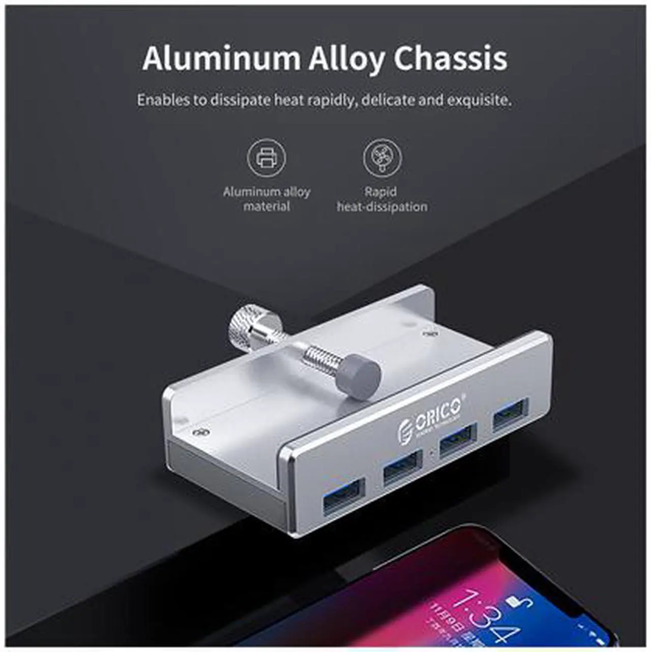 Alt view image 4 of 7 - ORICO Aluminum 4 Ports USB 3.0 HUB, USB splitter For Desktop Laptop Clip Range 10-32mm With 4.95ft Date Cable Ultra-Portable USB Expander for MacBook Air/Laptop/PC - Silver