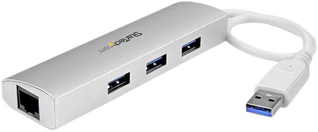 StarTech.com ST3300G3UA 3 Port Portable USB 3.0 Hub plus Gigabit Ethernet - Built-In Cable - Aluminum USB Hub with GbE Adapter - Compact USB 3 Hub