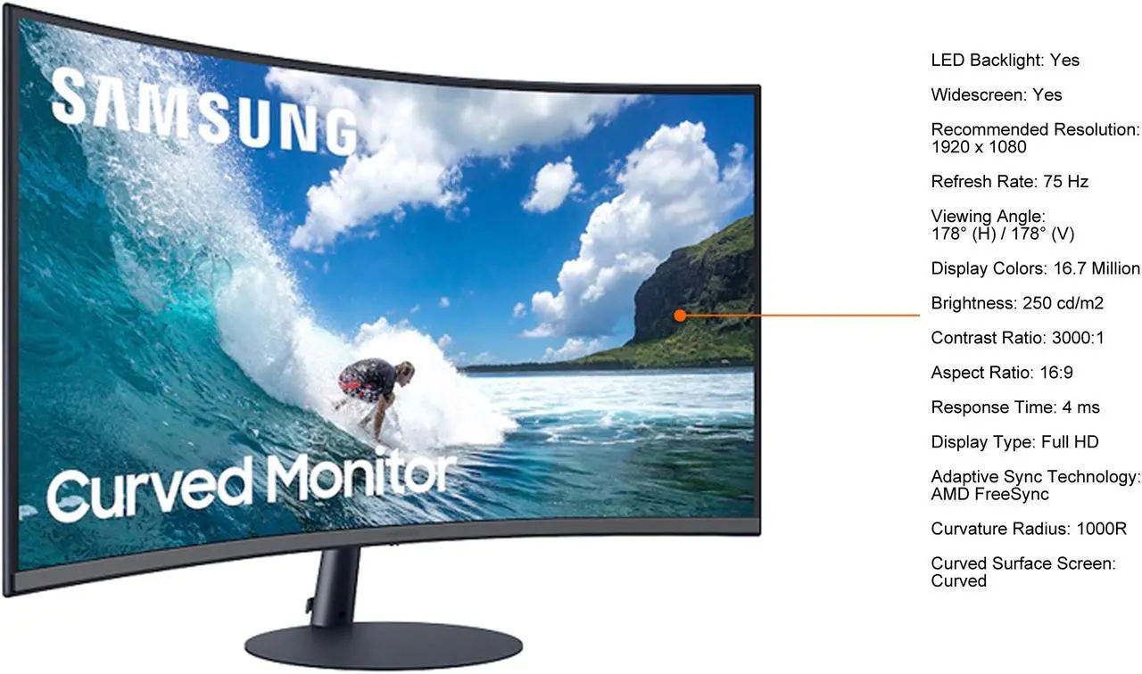 Alt view image 5 of 8 - Samsung T55 Series LC27T550FDNXZA 27" Full HD 1920 x 1080 75Hz VGA, HDMI, DisplayPort FreeSync (AMD Adaptive Sync) Curved Monitor
