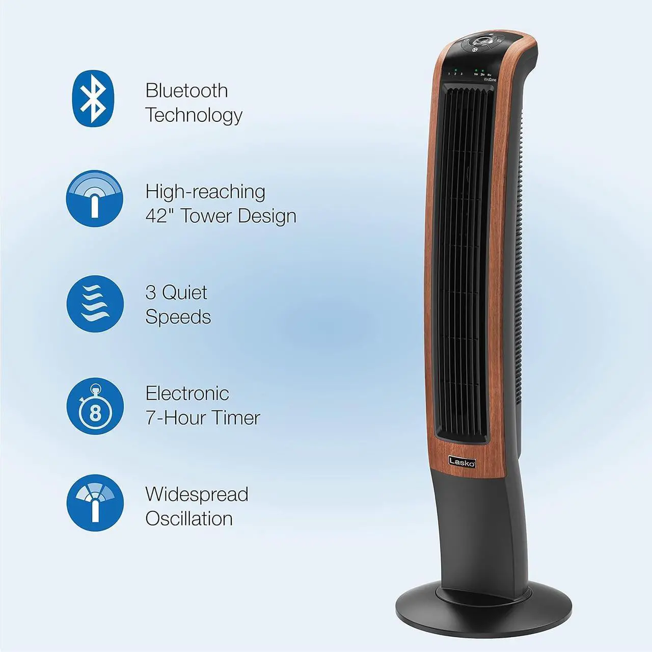 Alt view image 4 of 8 - Lasko Oscillating Wind Curve Tower Fan, Bluetooth Technology, 3 Quiet Speeds, for Bedroom, Living Room & Office, 42", Woodgrain, T42905