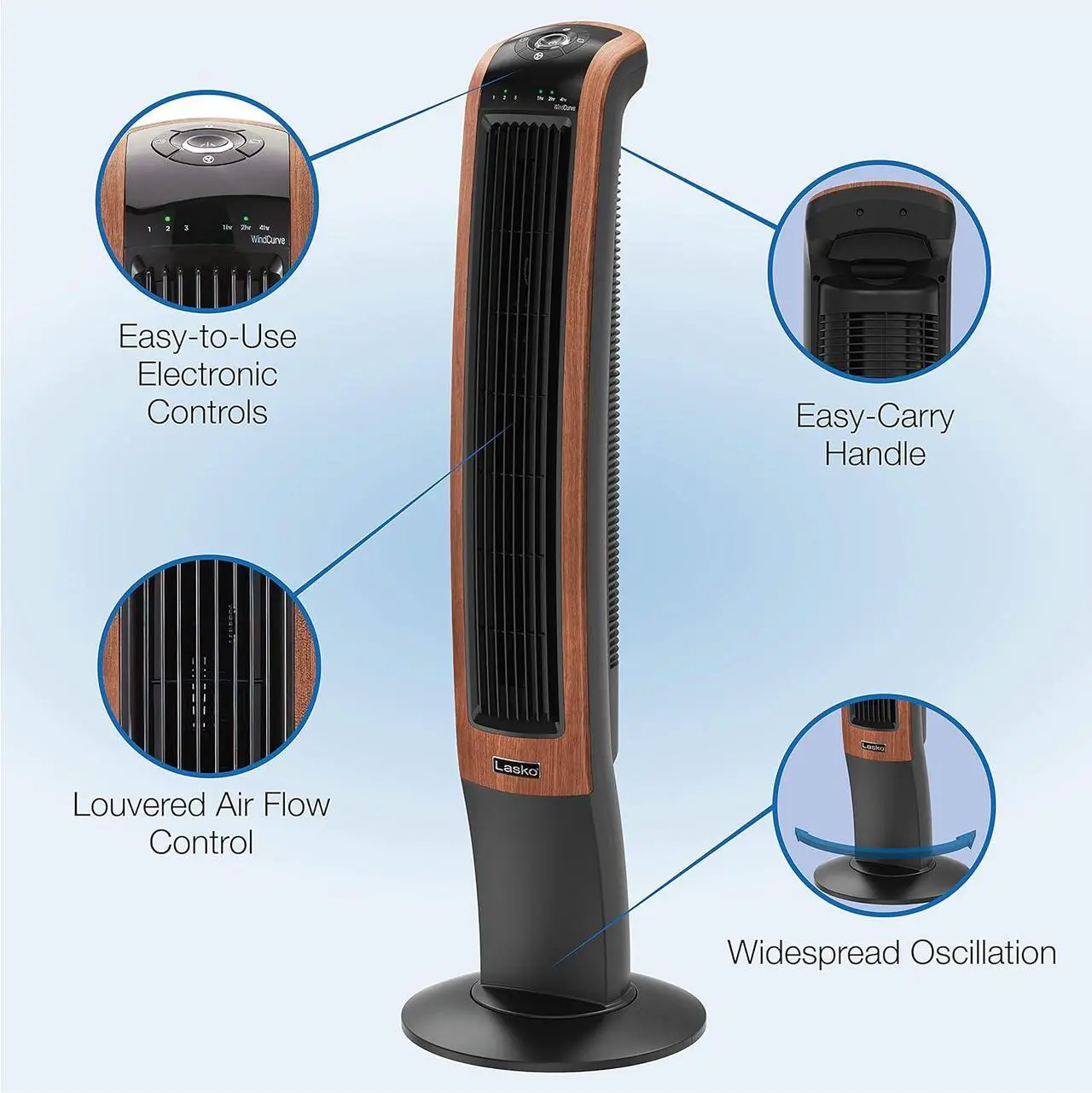 Alt view image 3 of 8 - Lasko Oscillating Wind Curve Tower Fan, Bluetooth Technology, 3 Quiet Speeds, for Bedroom, Living Room & Office, 42", Woodgrain, T42905