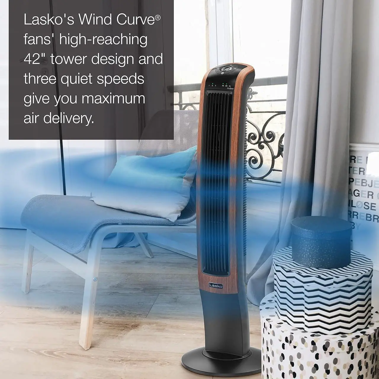 Alt view image 5 of 8 - Lasko Oscillating Wind Curve Tower Fan, Bluetooth Technology, 3 Quiet Speeds, for Bedroom, Living Room & Office, 42", Woodgrain, T42905