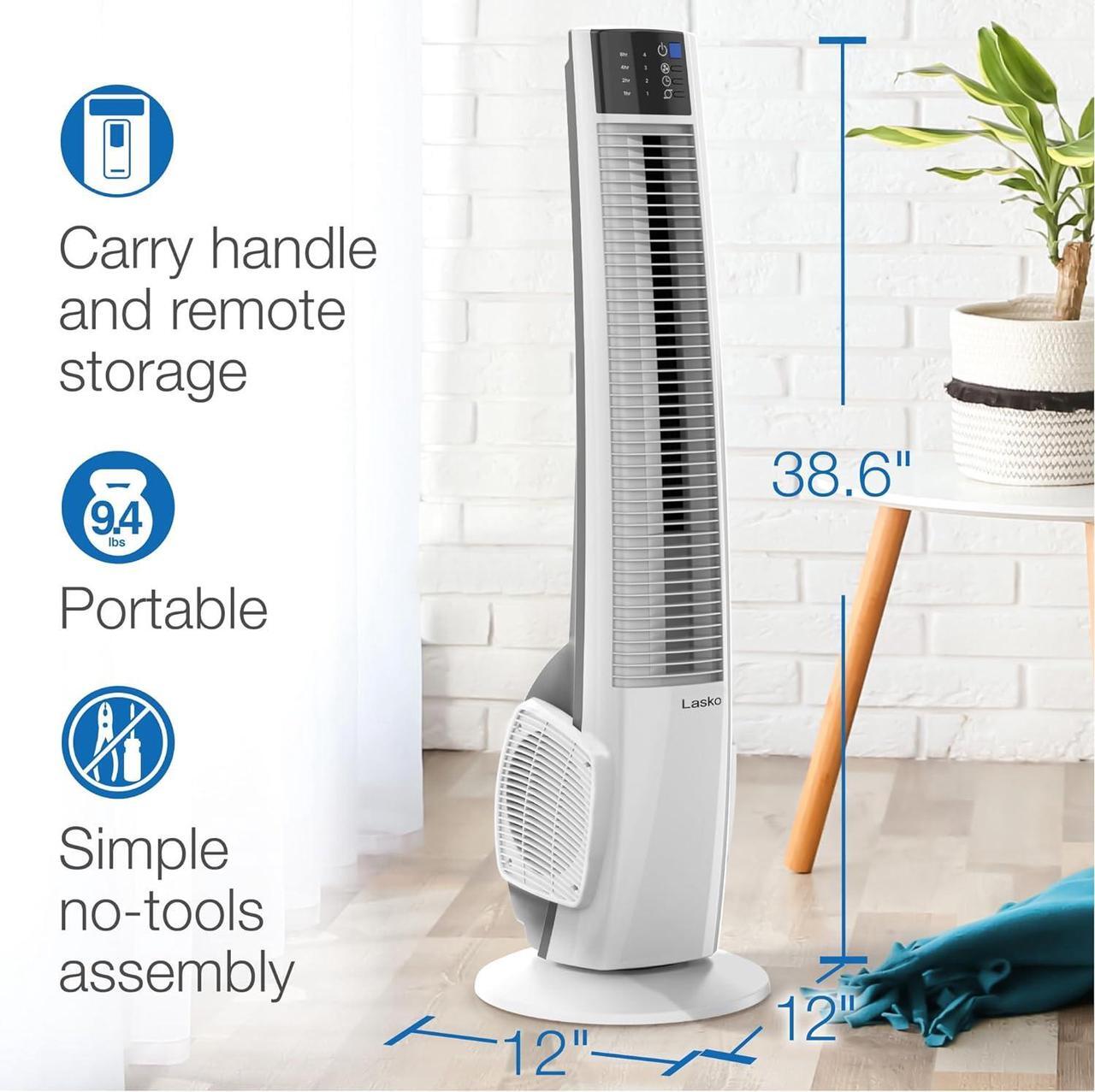 Alt view image 5 of 9 - Lasko Oscillating Tower Fan with Remote Control - Tower Fan for Bedroom & Office, 4 Quiet Speeds, 38" White, T38400
