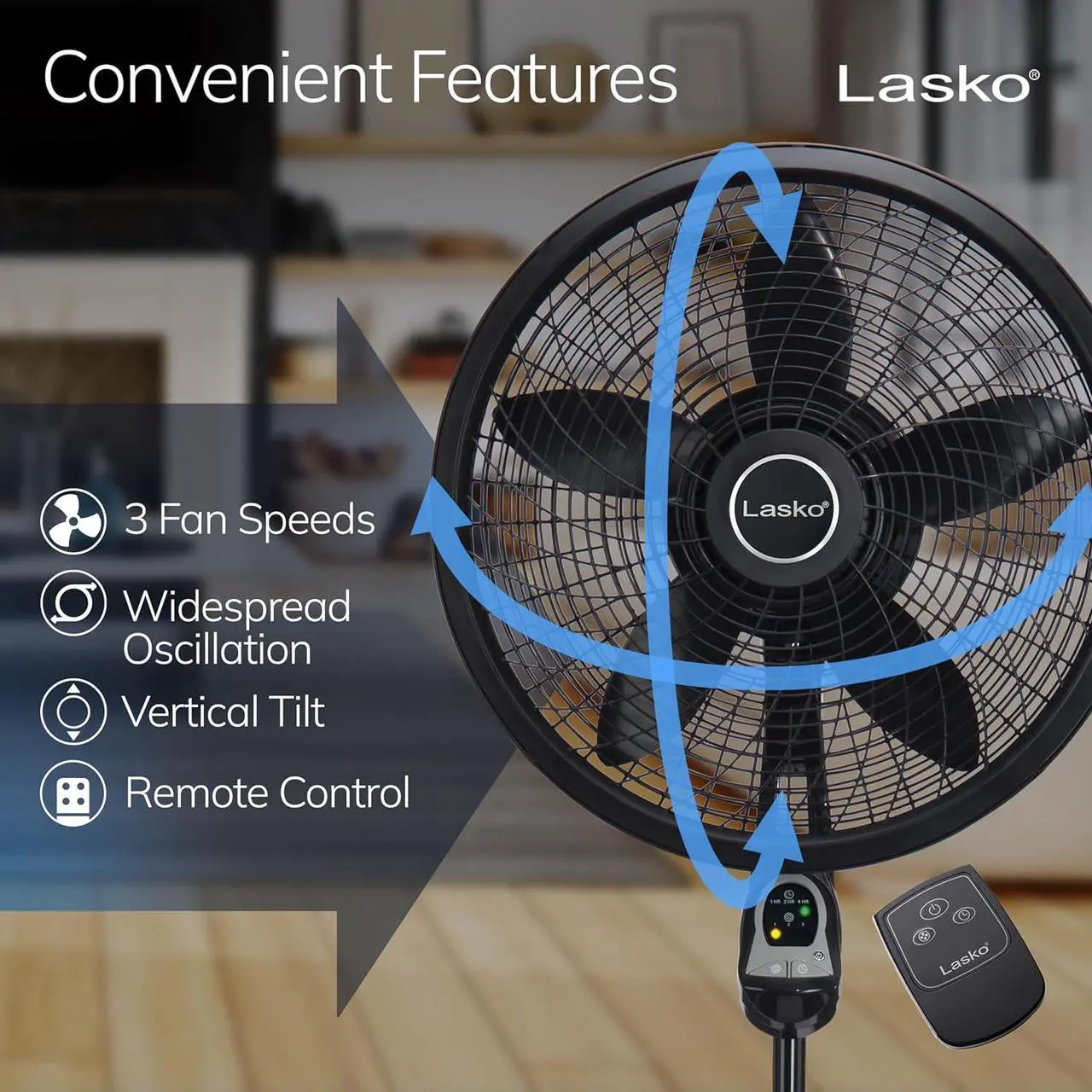Alt view image 3 of 10 - Lasko 18" 3-Speed Oscillating Cyclone Pedestal Fan with Remote and Timer, 1843, Black