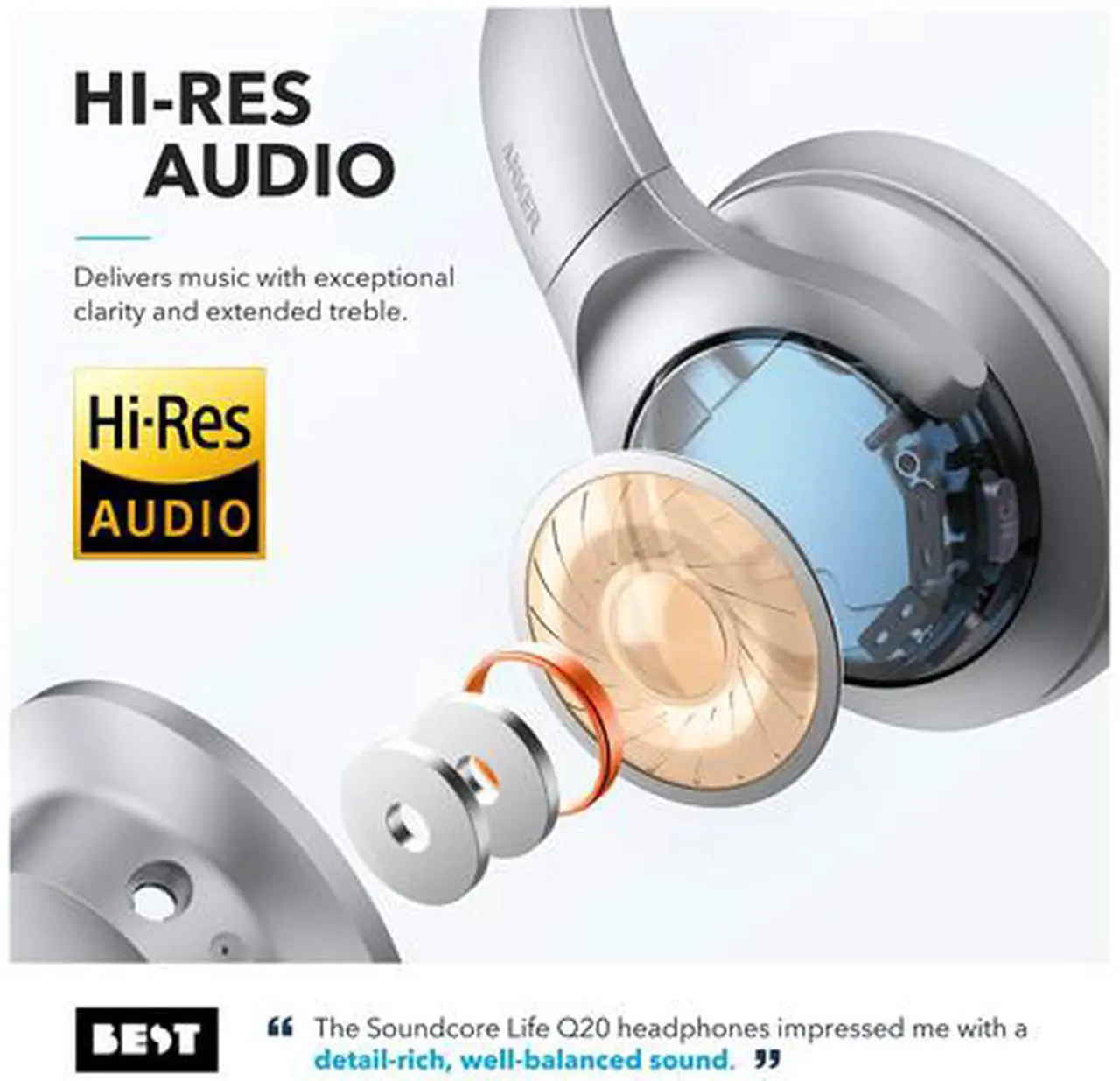 Alt view image 2 of 5 - Anker Soundcore Life Q20 Hybrid Active Noise Cancelling Headphones, Wireless Over Ear Bluetooth Headphones with 40H Playtime, Hi-Res Audio, Deep Bass, Memory Foam Ear Cups and Headband for Travel, Work