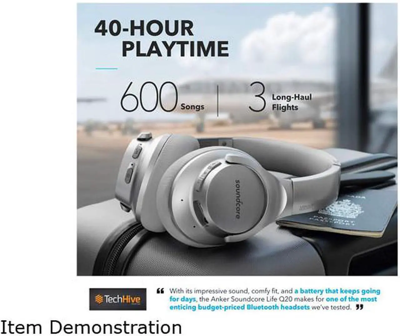 Alt view image 5 of 5 - Anker Soundcore Life Q20 Hybrid Active Noise Cancelling Headphones, Wireless Over Ear Bluetooth Headphones with 40H Playtime, Hi-Res Audio, Deep Bass, Memory Foam Ear Cups and Headband for Travel, Work