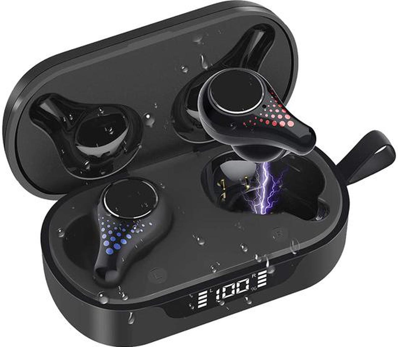 True Wireless Earbuds, TWS Bluetooth Headphones Built-in mic with Binaural Calls Touch Control HiFi Stereo Sound IPX7 Waterproof Smart LED Display Charging Case, In Ear Earphones for Sport