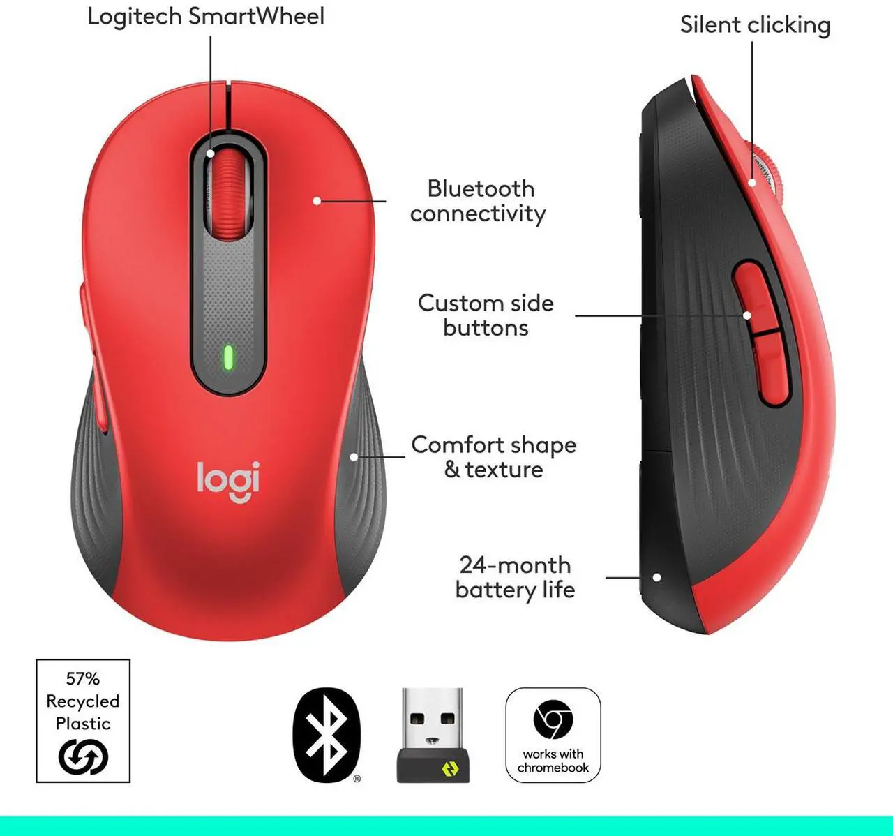 Alt view image 7 of 10 - Logitech Signature M650 L Mouse - Optical - Wireless - Bluetooth/Radio Frequency - Red - USB - 2000 dpi - Scroll Wheel - 5 Button(s) - 5 Programmable Button(s) - Large Hand/Palm Size