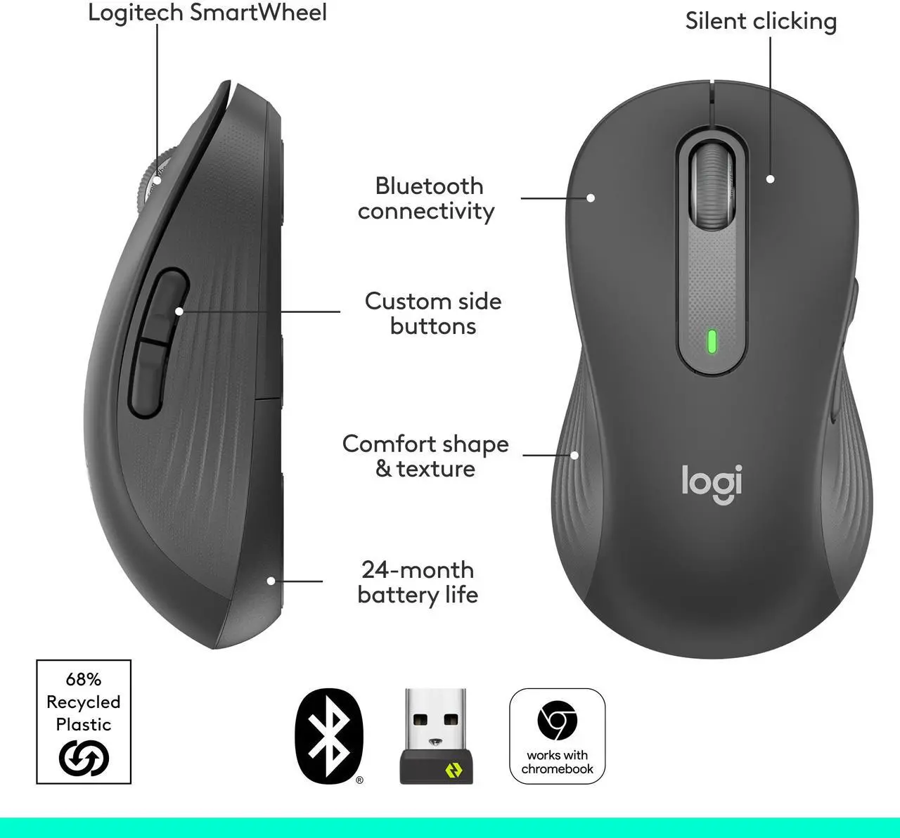 Alt view image 7 of 10 - Logitech Signature M650 L LEFT Mouse - Optical - Wireless - Bluetooth/Radio Frequency - Graphite - USB - 2000 dpi - Scroll Wheel - 5 Button(s) - 5 Programmable Button(s) - Large Hand/Palm Size - Left-