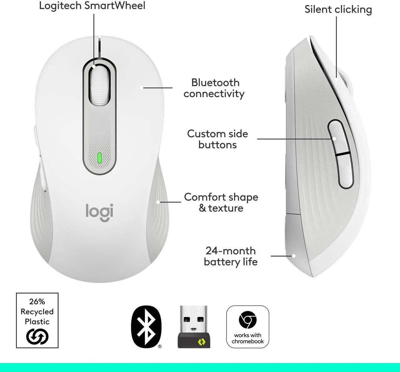 Alt view image 7 of 10 - Logitech Signature M650 Wireless Mouse - For Small to Medium Sized Hands, 2-Year Battery, Silent Clicks, Customizable Side Buttons, Bluetooth, for PC/Mac/Multi-Device/Chromebook