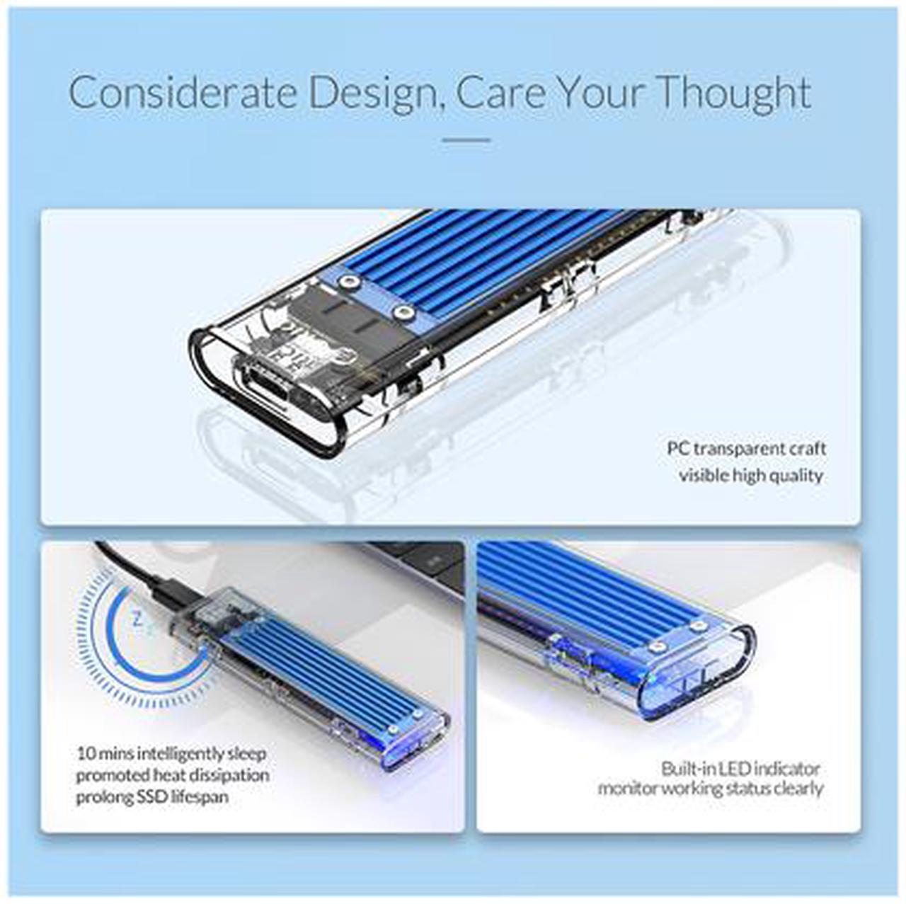 Alt view image 5 of 7 - ORICO TCM2-C3 Aluminum USB 3.1 Gen2 Type-C NVMe M.2 Hard Drive Enclosure 10Gbps Date Transfer Rate Support UASP Protocol with Type-C to C Cable - Blue