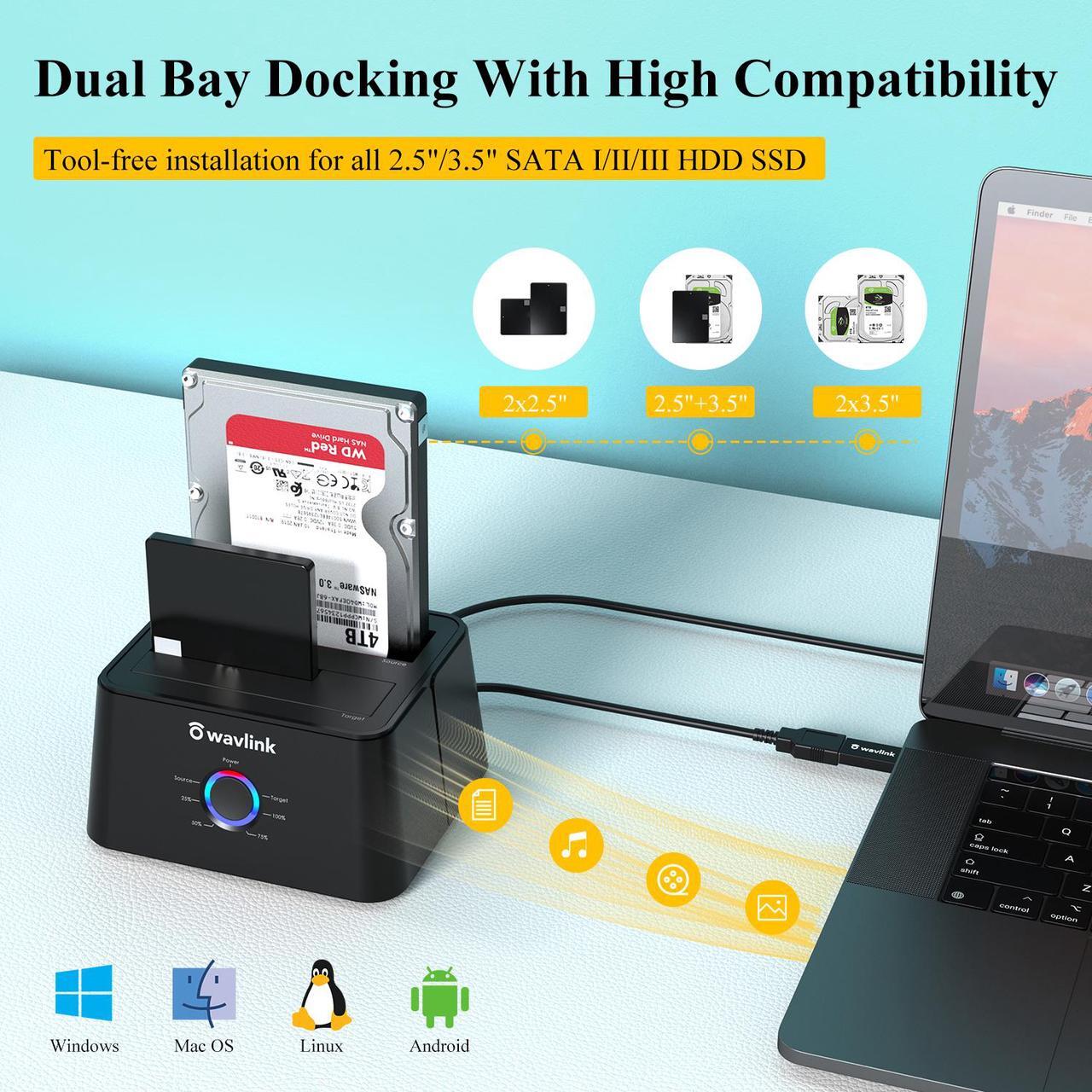 Alt view image 6 of 7 - Wavlink USB 3.0 to SATA I/II/II Dual Bay External Hard Drive Docking Station for 2.5" 3.5" SATA HDD/SSD Enclosure 2x 16TB Hard Drive Enclosure With UASP, Support Offline Clone Duplicator, Auto Sleep
