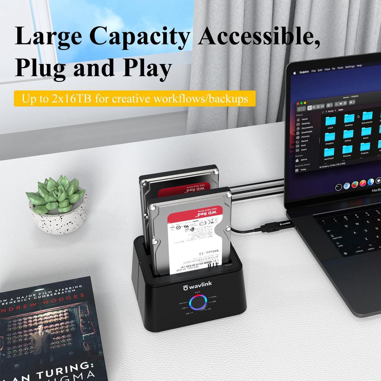 Alt view image 7 of 7 - Wavlink USB 3.0 to SATA I/II/II Dual Bay External Hard Drive Docking Station for 2.5" 3.5" SATA HDD/SSD Enclosure 2x 16TB Hard Drive Enclosure With UASP, Support Offline Clone Duplicator, Auto Sleep
