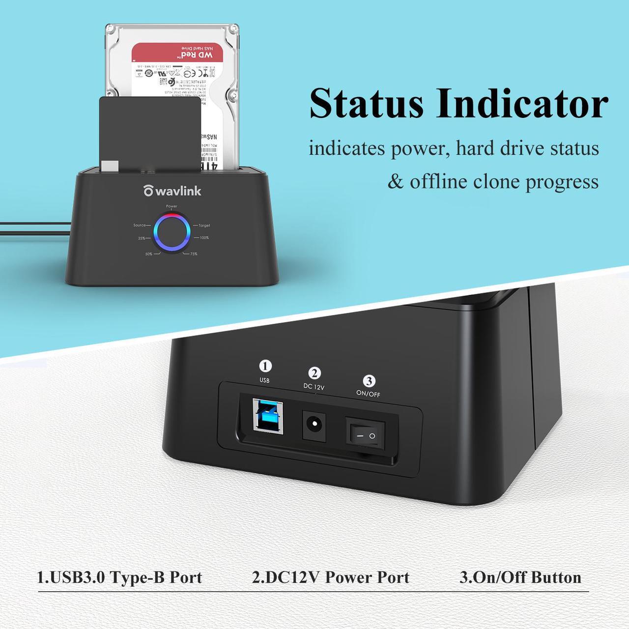 Alt view image 8 of 7 - Wavlink USB 3.0 to SATA I/II/II Dual Bay External Hard Drive Docking Station for 2.5" 3.5" SATA HDD/SSD Enclosure 2x 16TB Hard Drive Enclosure With UASP, Support Offline Clone Duplicator, Auto Sleep