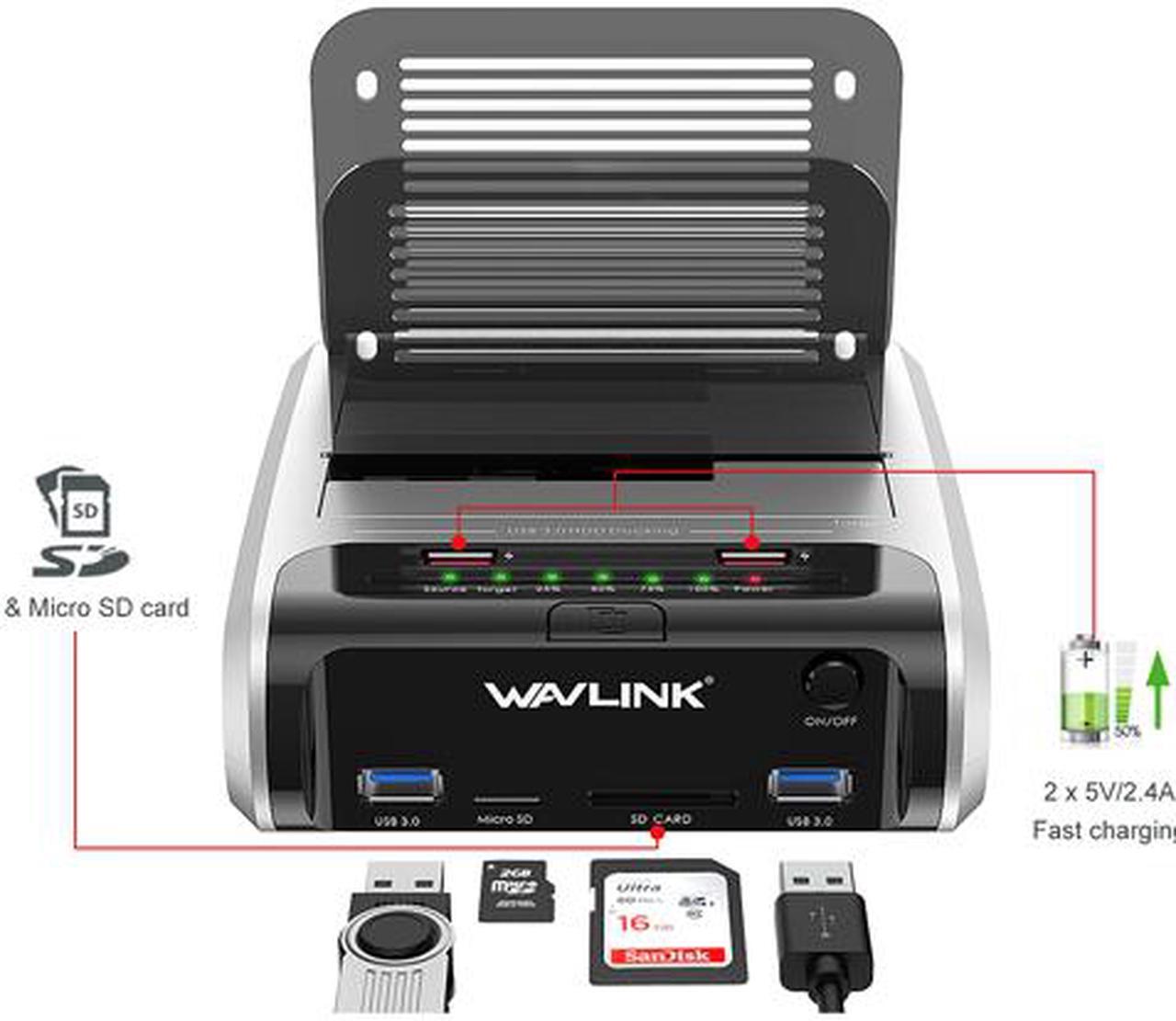 Main image of Wavlink USB 3.0 to SATA Dual Bay External Hard Drive Docking Station for 2.5"/3.5" SATA I/II/III HDD SSD with Offline Clone & UASP, 2 USB 3.0, 2 Fast Charging Port, SD & Micro SD Card Reader, 2 x 16TB
