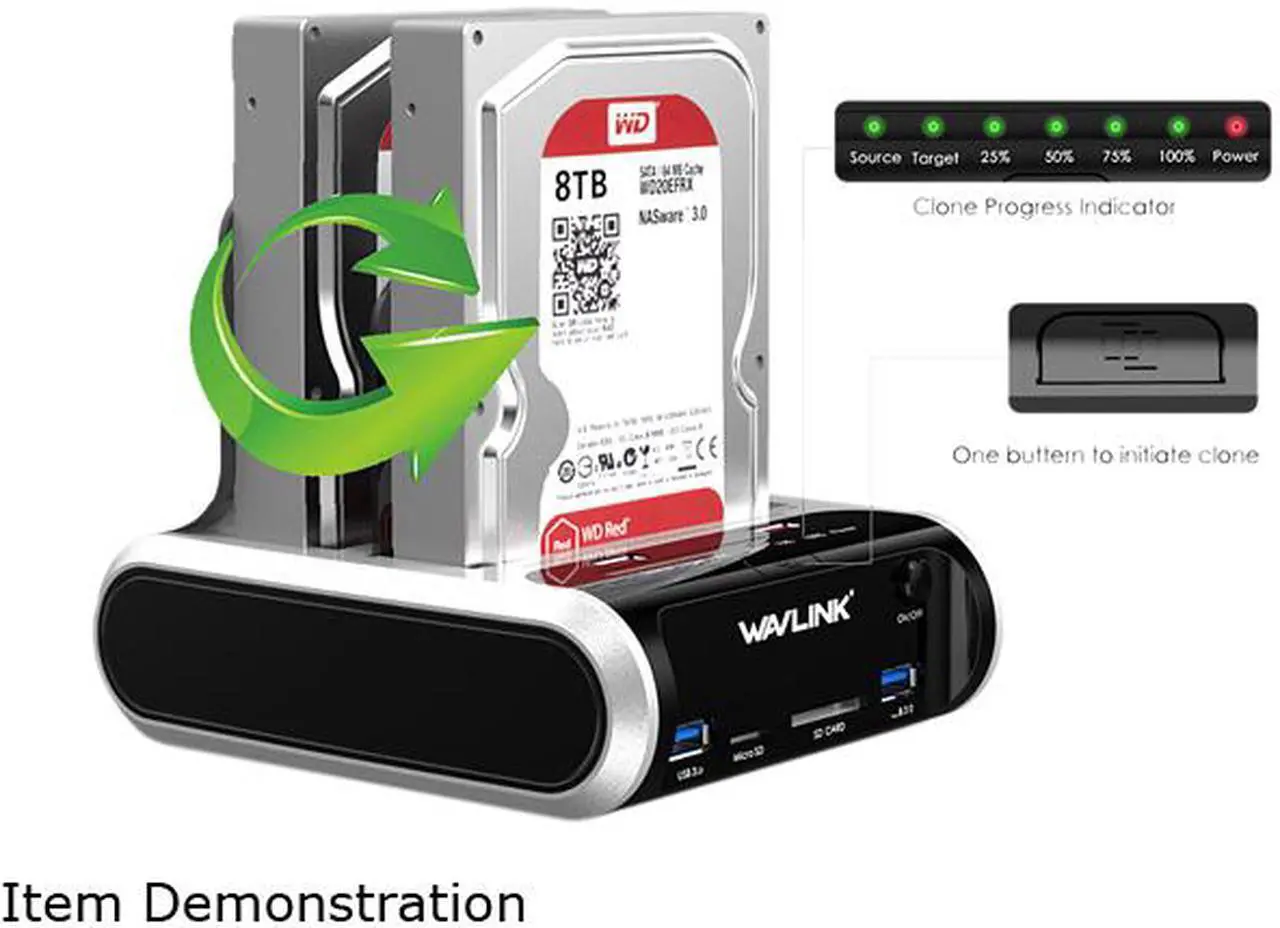 Alt view image 6 of 7 - Wavlink USB 3.0 to SATA Dual Bay External Hard Drive Docking Station for 2.5"/3.5" SATA I/II/III HDD SSD with Offline Clone & UASP, 2 USB 3.0, 2 Fast Charging Port, SD & Micro SD Card Reader, 2 x 16TB