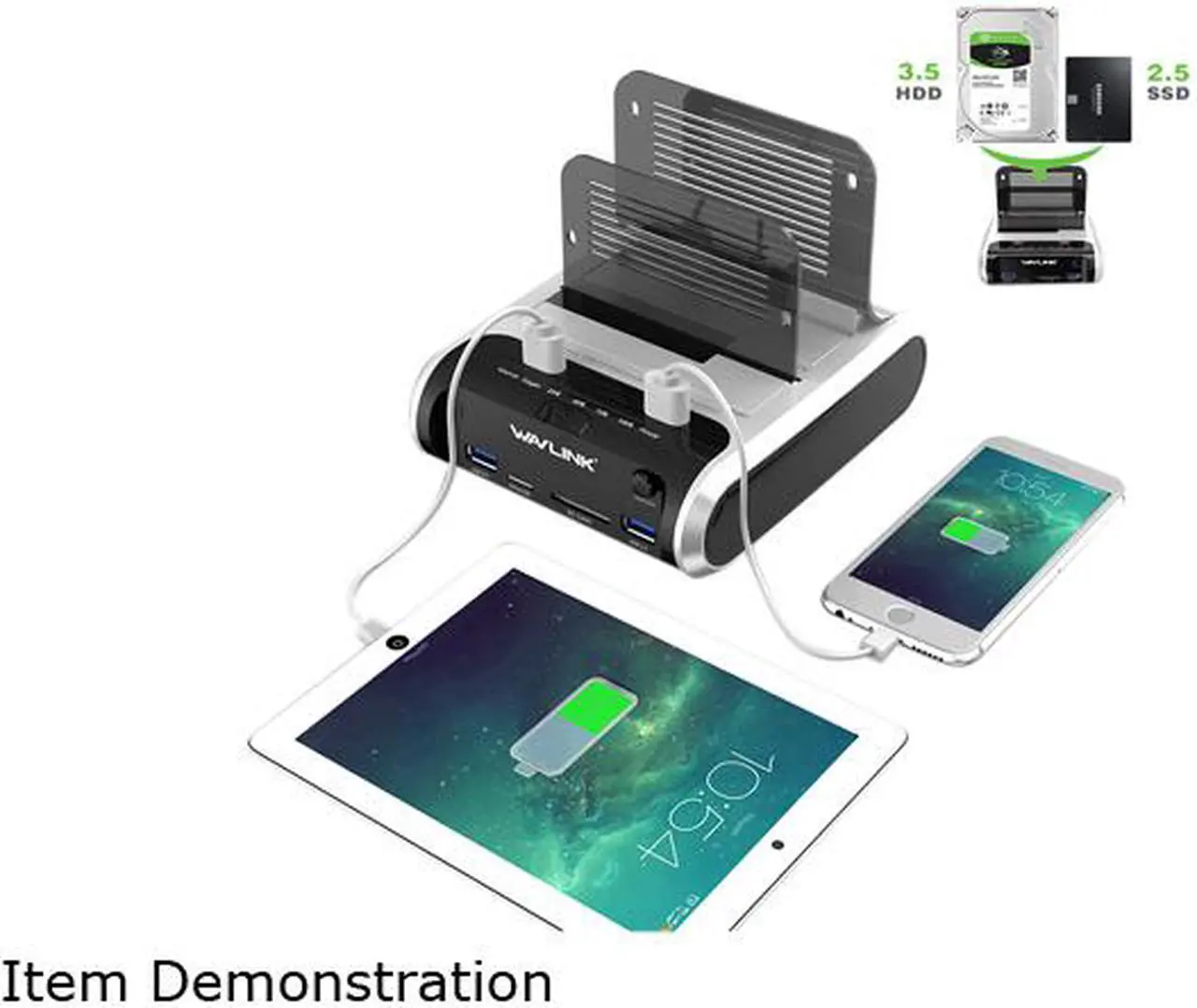 Alt view image 5 of 7 - Wavlink USB 3.0 to SATA Dual Bay External Hard Drive Docking Station for 2.5"/3.5" SATA I/II/III HDD SSD with Offline Clone & UASP, 2 USB 3.0, 2 Fast Charging Port, SD & Micro SD Card Reader, 2 x 16TB