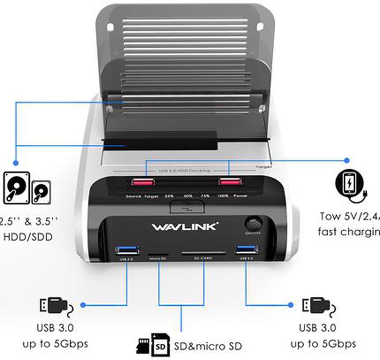 Alt view image 3 of 7 - Wavlink USB 3.0 to SATA Dual Bay External Hard Drive Docking Station for 2.5"/3.5" SATA I/II/III HDD SSD with Offline Clone & UASP, 2 USB 3.0, 2 Fast Charging Port, SD & Micro SD Card Reader, 2 x 16TB