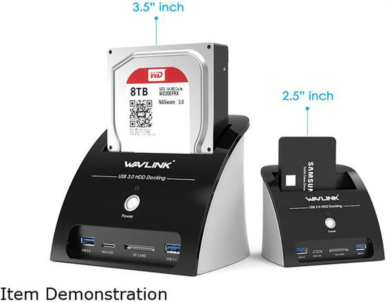 Alt view image 3 of 7 - Wavlink USB 3.0 to SATA External Hard Drive Docking Station with Card Reader and 2 Port USB 3.0 Hub and TF & SD Card For 2.5/3.5 inch HDD/SSD SATA I/II/III, One Touch Support Backup/UASP, Up to 10TB