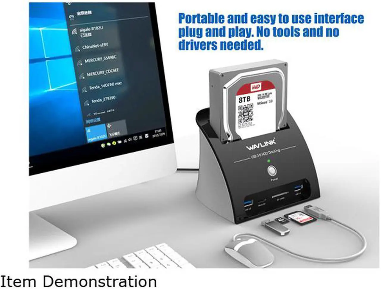 Alt view image 6 of 7 - Wavlink USB 3.0 to SATA External Hard Drive Docking Station with Card Reader and 2 Port USB 3.0 Hub and TF & SD Card For 2.5/3.5 inch HDD/SSD SATA I/II/III, One Touch Support Backup/UASP, Up to 10TB