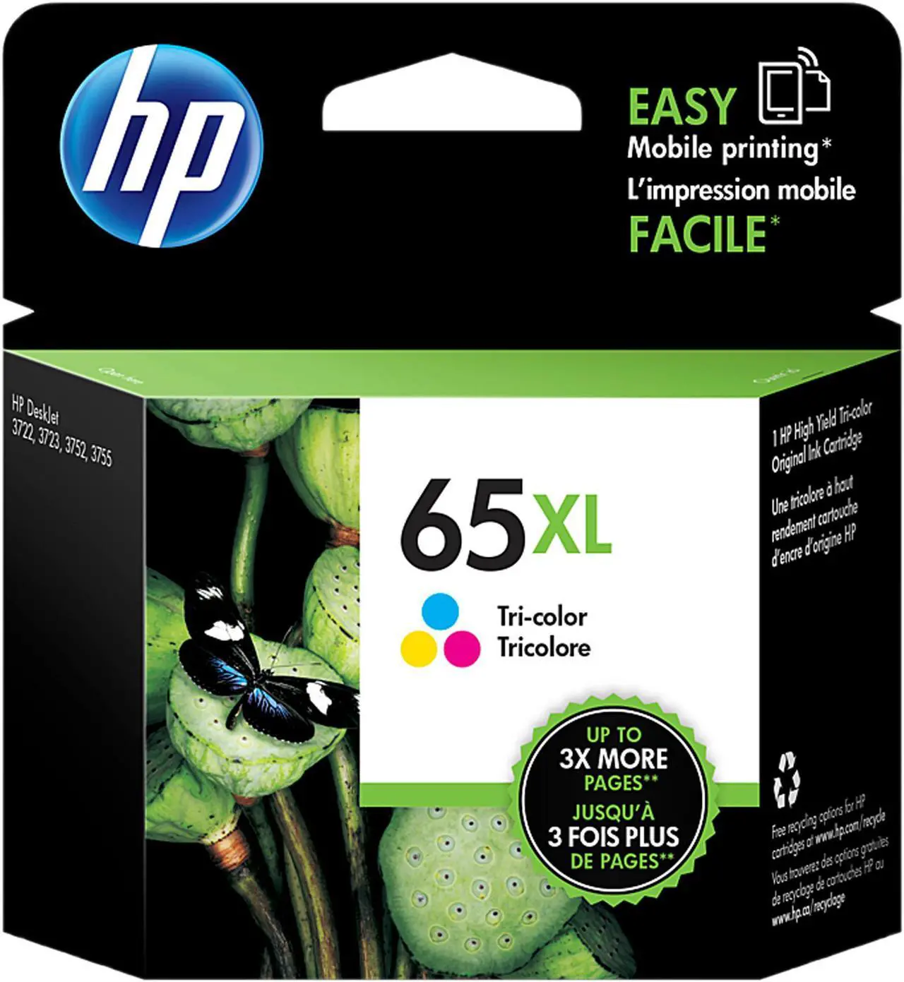 Main image of HP 65XL High Yield Tri-color Original Ink Cartridge, ~300 pages, N9K03AN#140